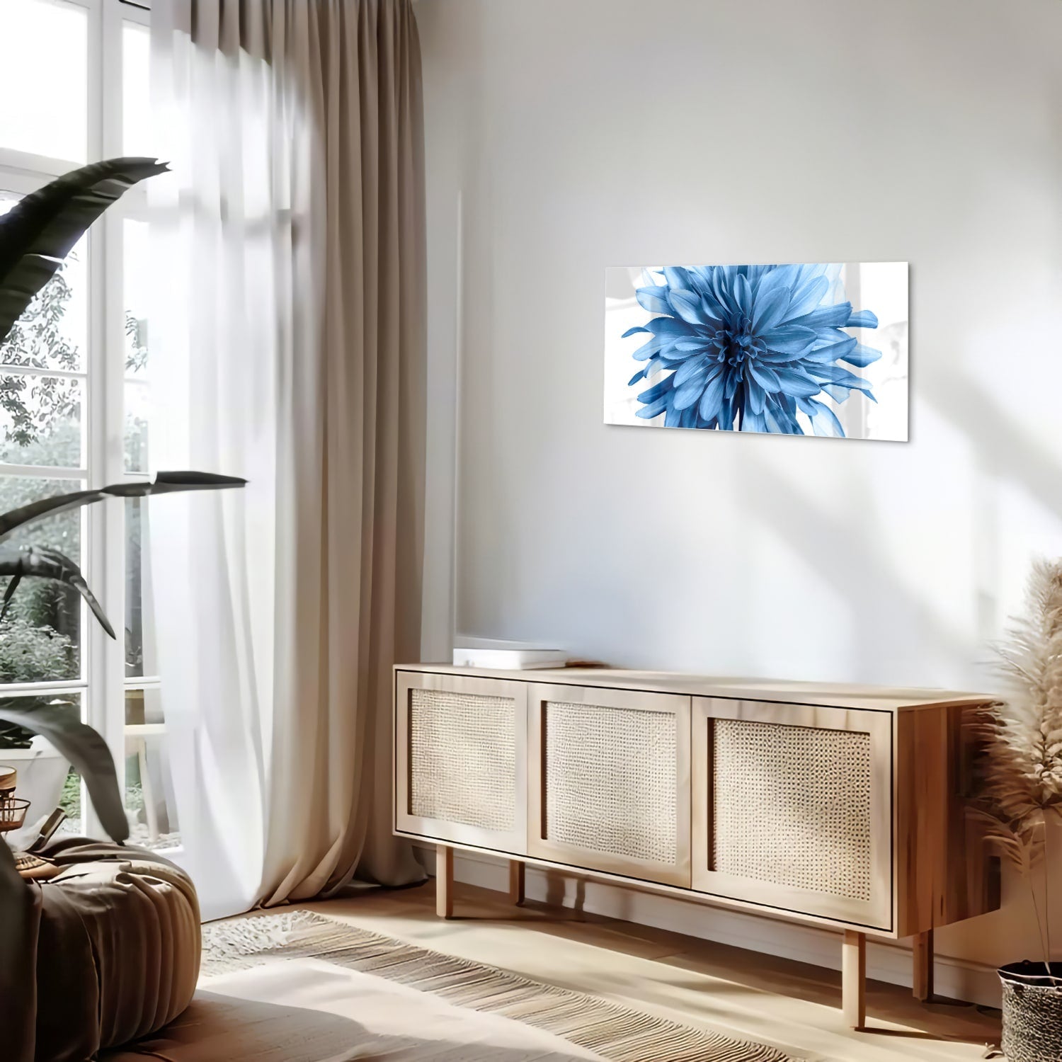 Blaues Glasbild mit einer Blume – Glasbild aus Sicherheitsglas, Größe 100x50