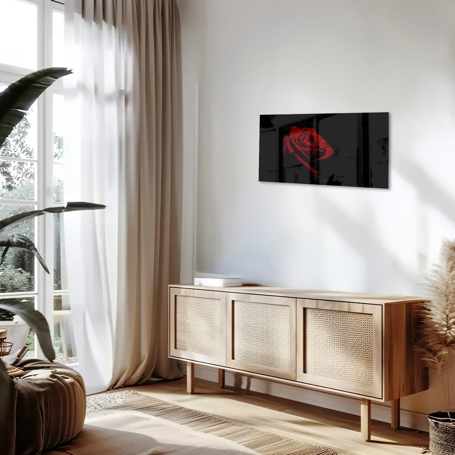 Elegantes Glasbild mit roter Rose auf schwarzem Hintergrund – Glasbild aus Sicherheitsglas, Größe 100x50
