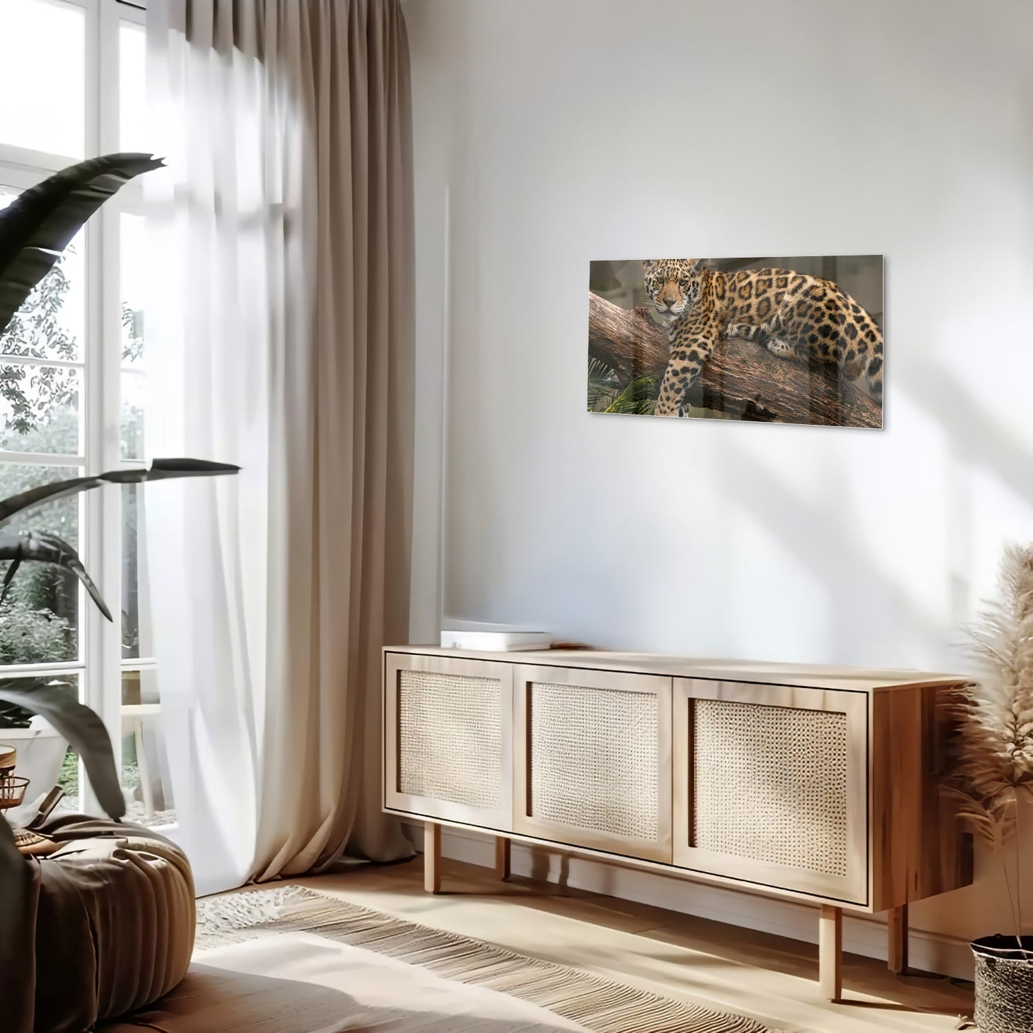 Glasbild mit einem majestätischen Jaguar – Glasbild aus Sicherheitsglas, Größe 100x50