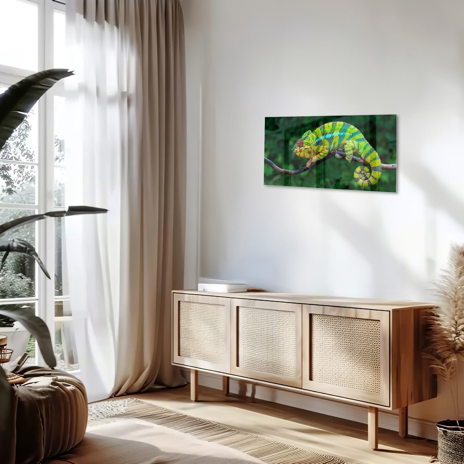 Farbenfrohes Glasbild mit einem Chamäleon – Glasbild aus Sicherheitsglas, Größe 100x50
