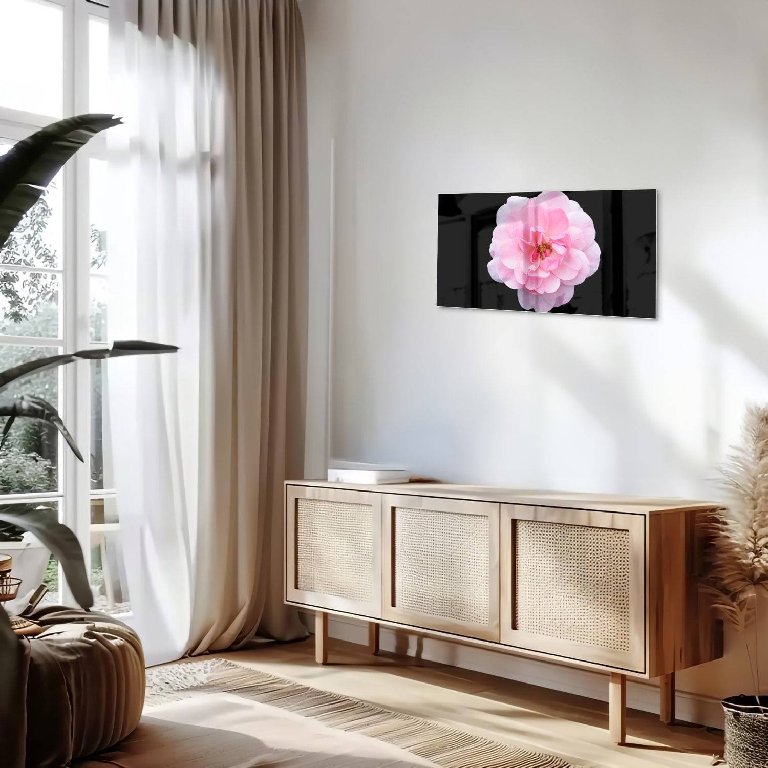 Elegantes Glasbild mit rosa Blume auf schwarzem Hintergrund – Glasbild aus Sicherheitsglas, Größe 100x50