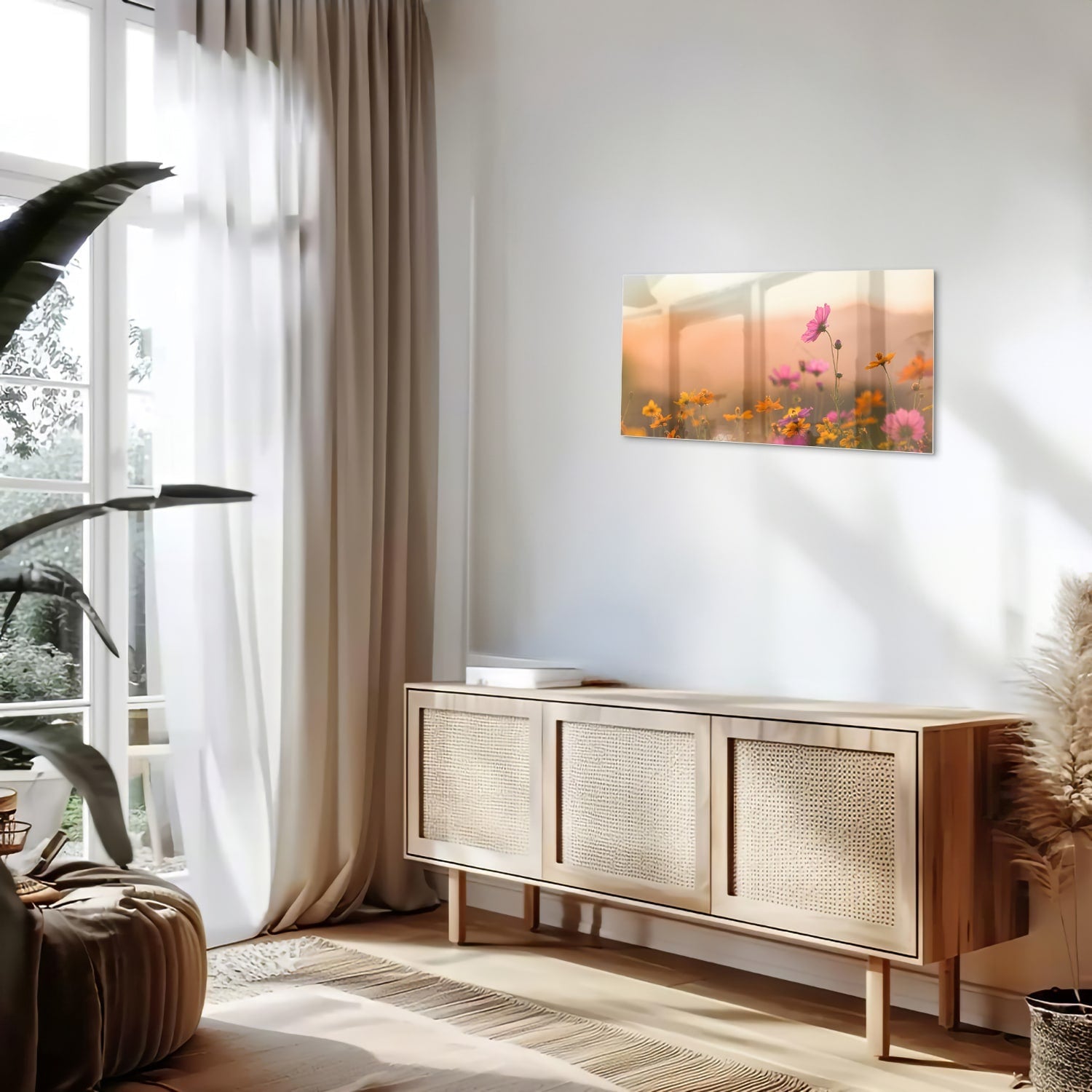 Wunderschönes Glasbild mit Blumen in Pastellfarben – Glasbild aus Sicherheitsglas, Größe 100x50