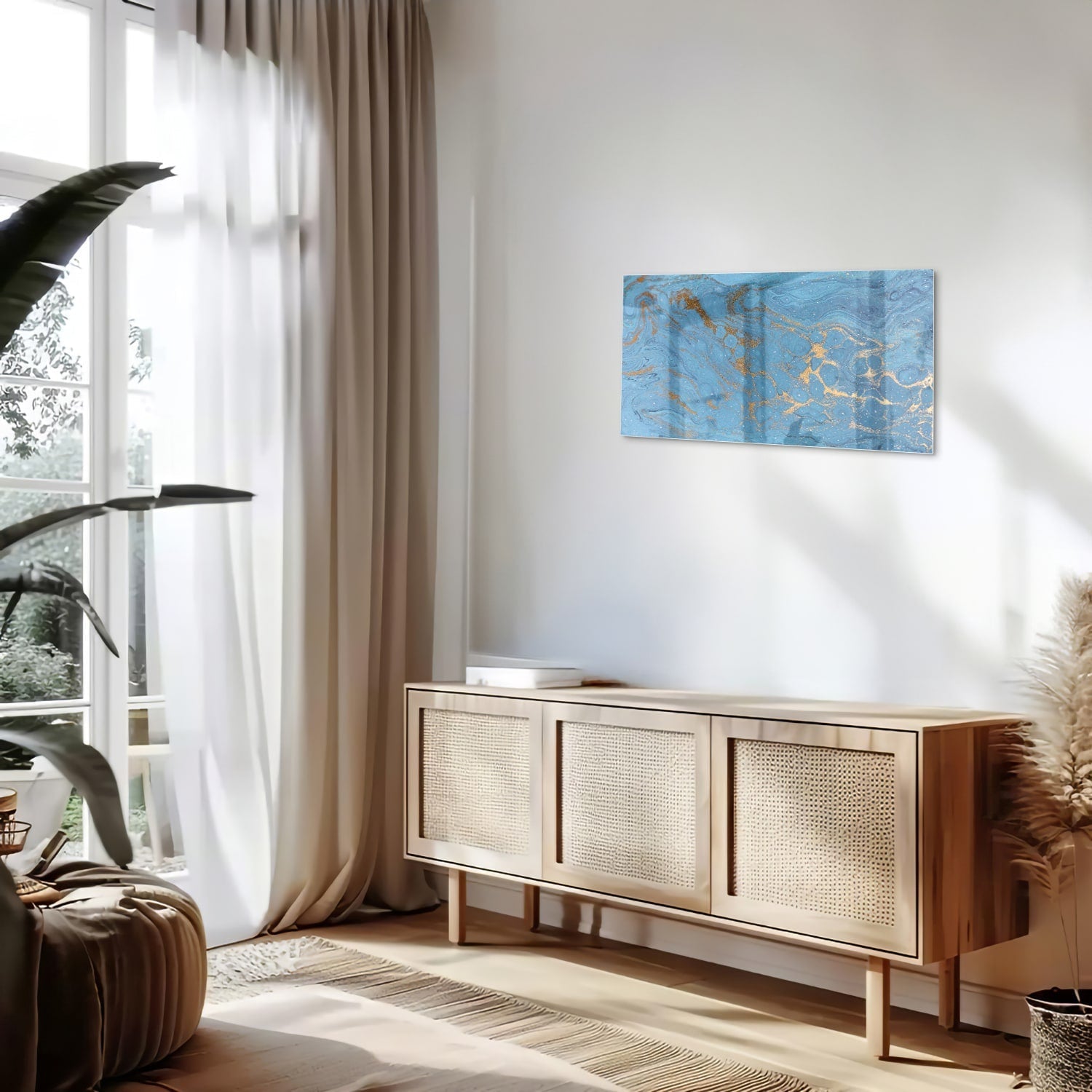 Elegantes Glasbild in blauen und goldenen Farbtönen – Glasbild aus Sicherheitsglas, Größe 100x50