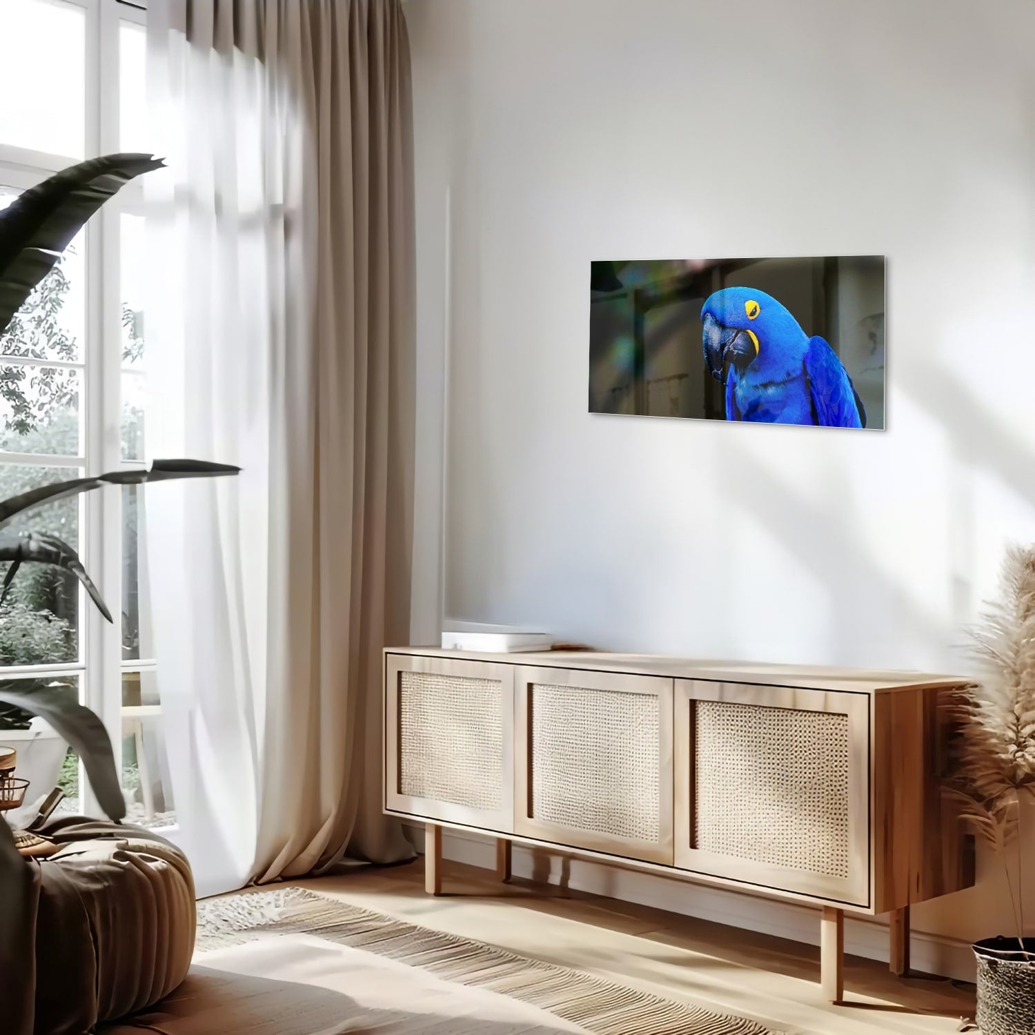 Glasbild mit einem wunderschönen blauen Ara – Glasbild aus Sicherheitsglas, Größe 100x50