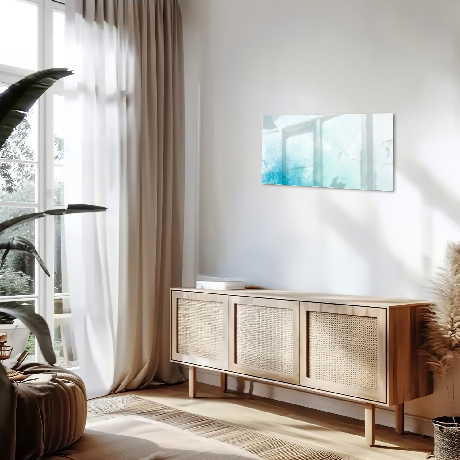 Abstraktes Glasbild in blauen und türkisen Farbtönen – Glasbild aus Sicherheitsglas, Größe 100x50