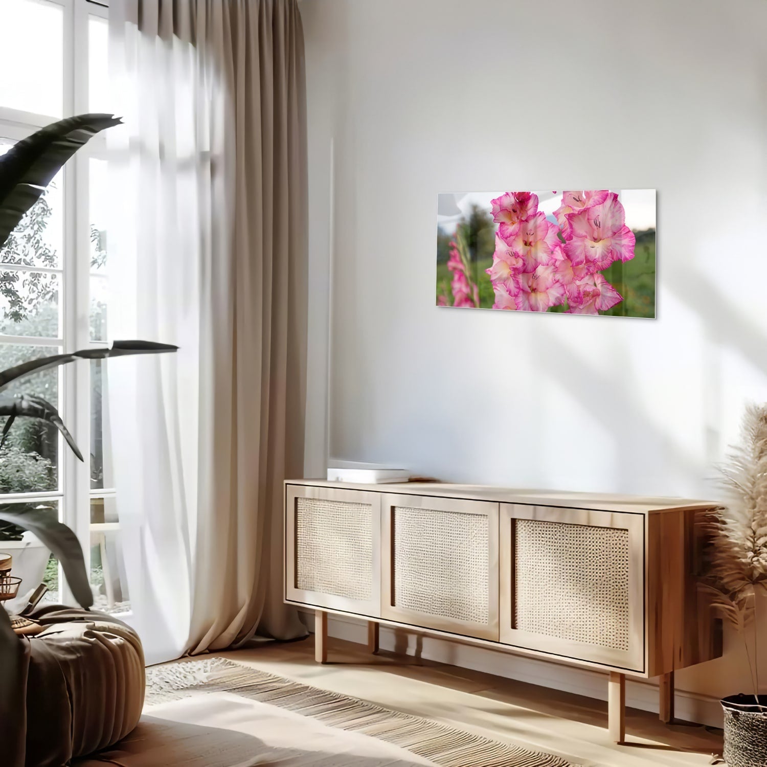 Glasbild mit wunderschönen rosa Gladiolen – Glasbild aus Sicherheitsglas, Größe 100x50