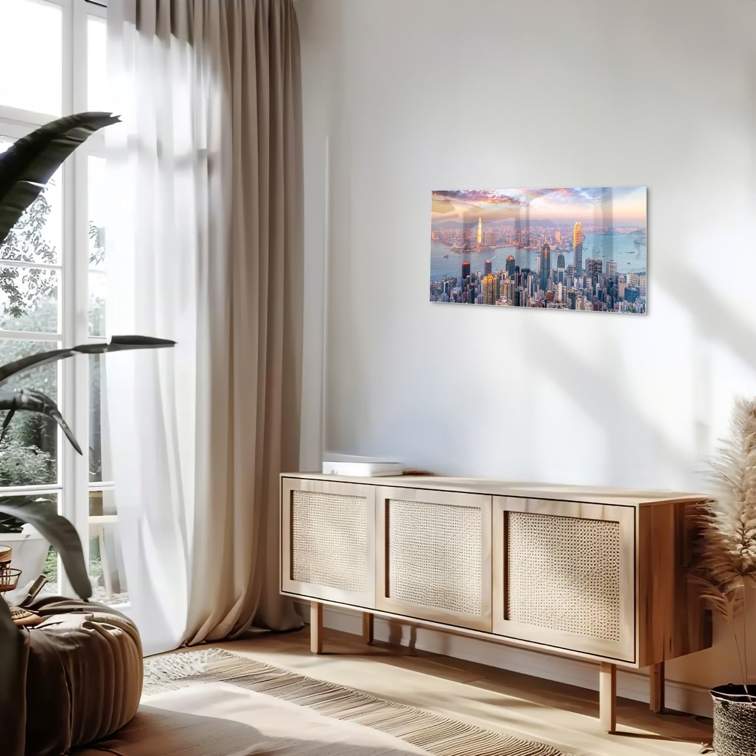 Glasbild mit Stadtansicht bei Sonnenuntergang – Glasbild aus Sicherheitsglas, Größe 100x50