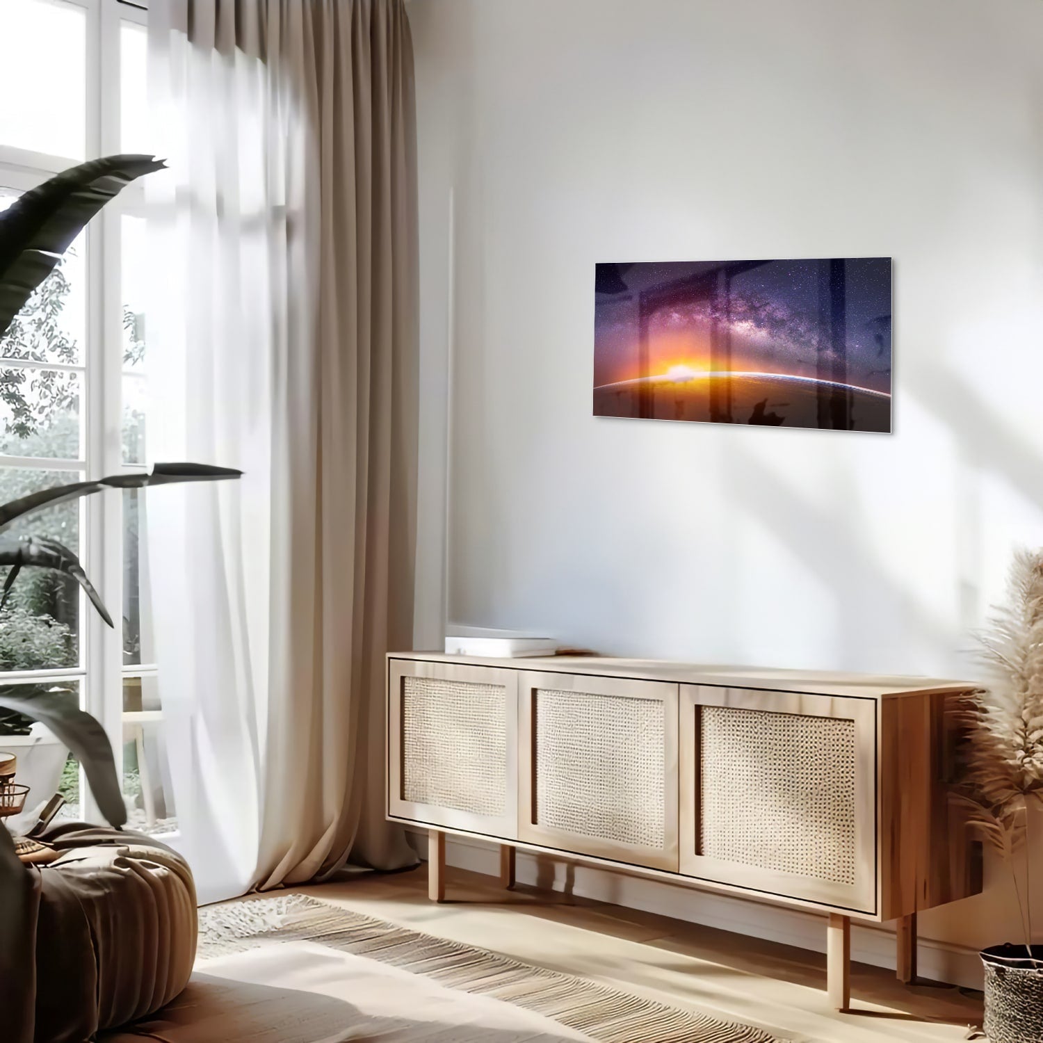 Glasbild mit einem Sternenhimmel bei Sonnenuntergang – Glasbild aus Sicherheitsglas, Größe 100x50
