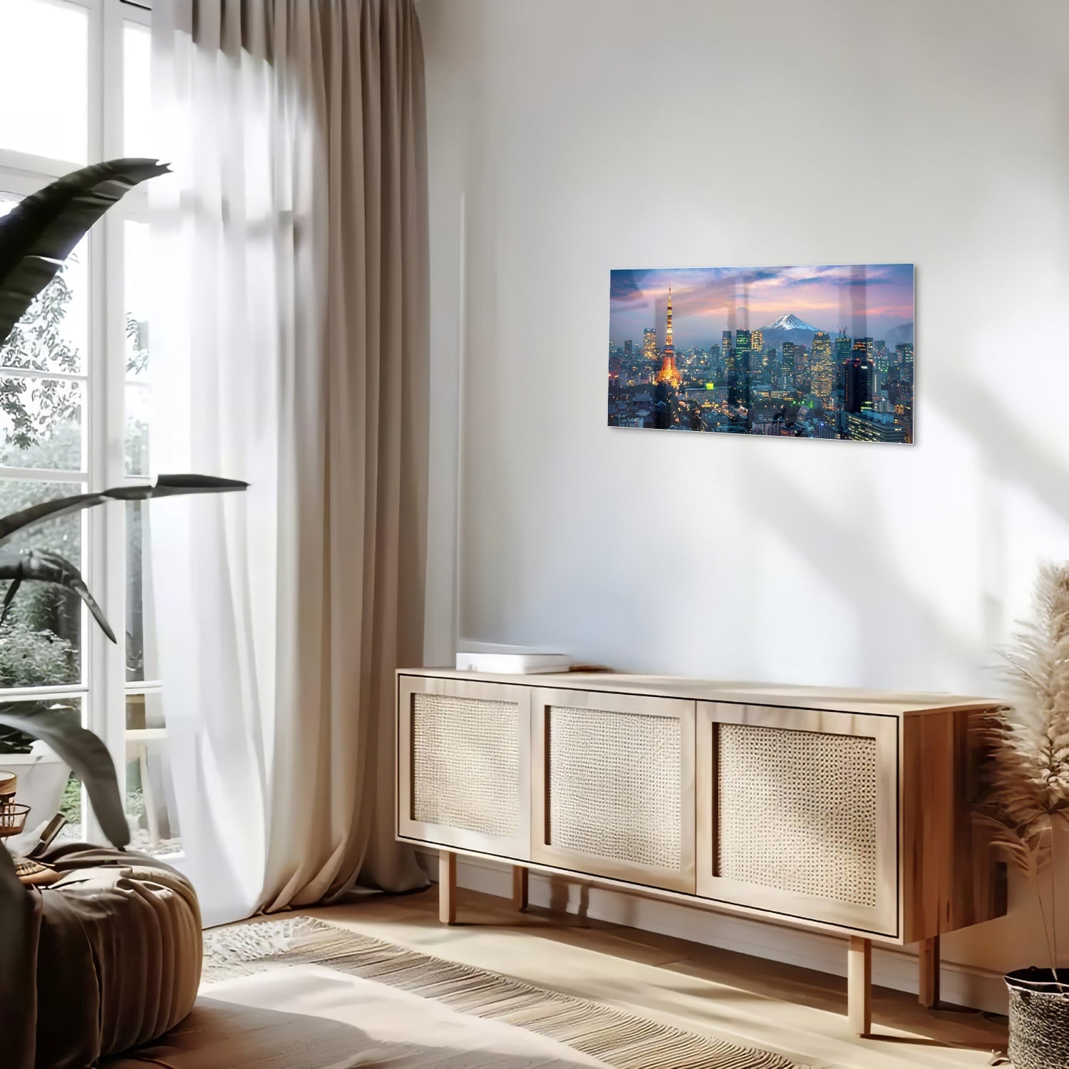 Glasbild mit Stadtpanorama, Fuji und Tokyo Tower – Glasbild aus Sicherheitsglas, Größe 100x50