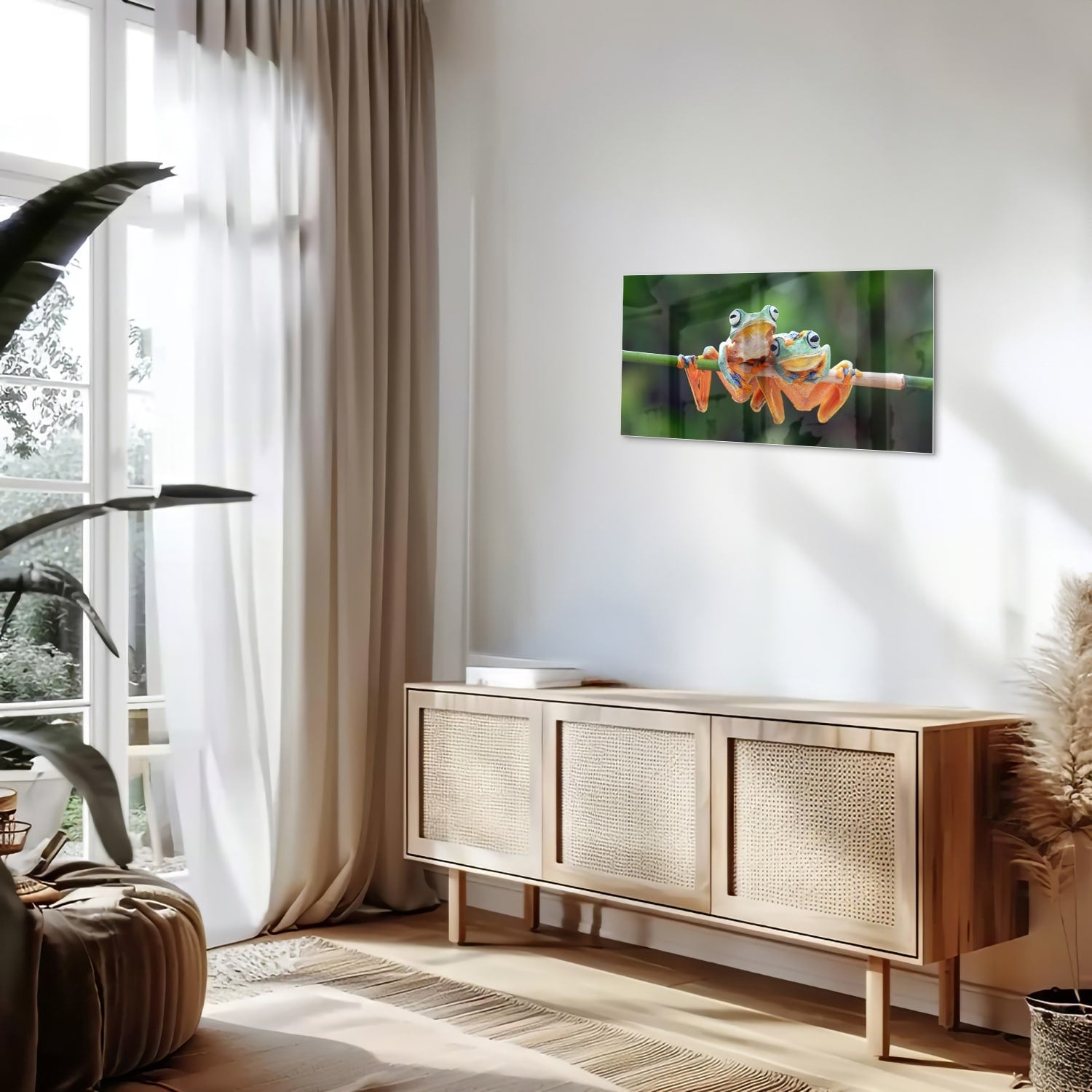 Fröhliches Glasbild mit Frosch auf einem Ast – Glasbild aus Sicherheitsglas, Größe 100x50