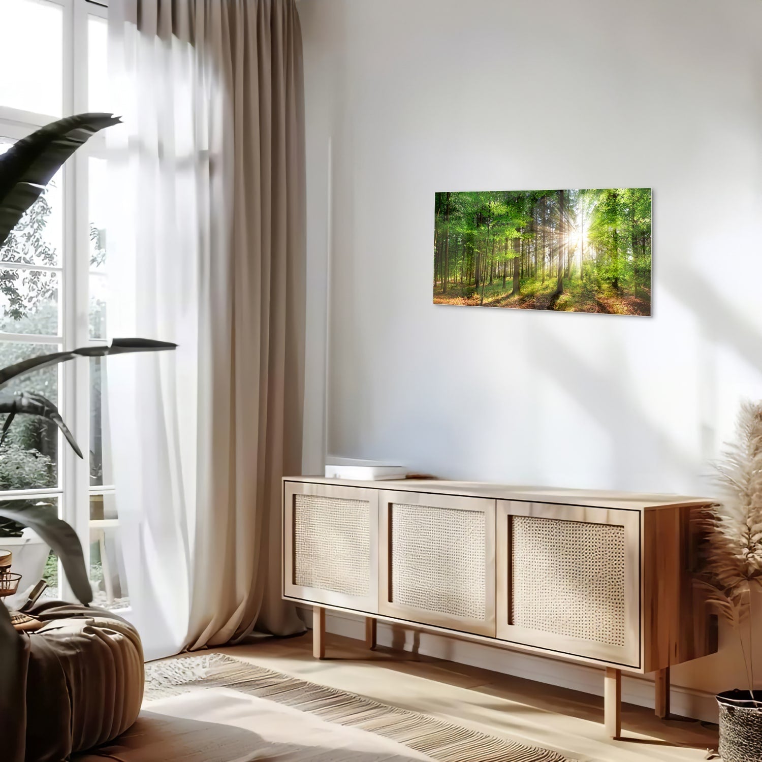 Glasbild mit sonnigem Wald für die Wohndekoration – Glasbild aus Sicherheitsglas, Größe 100x50