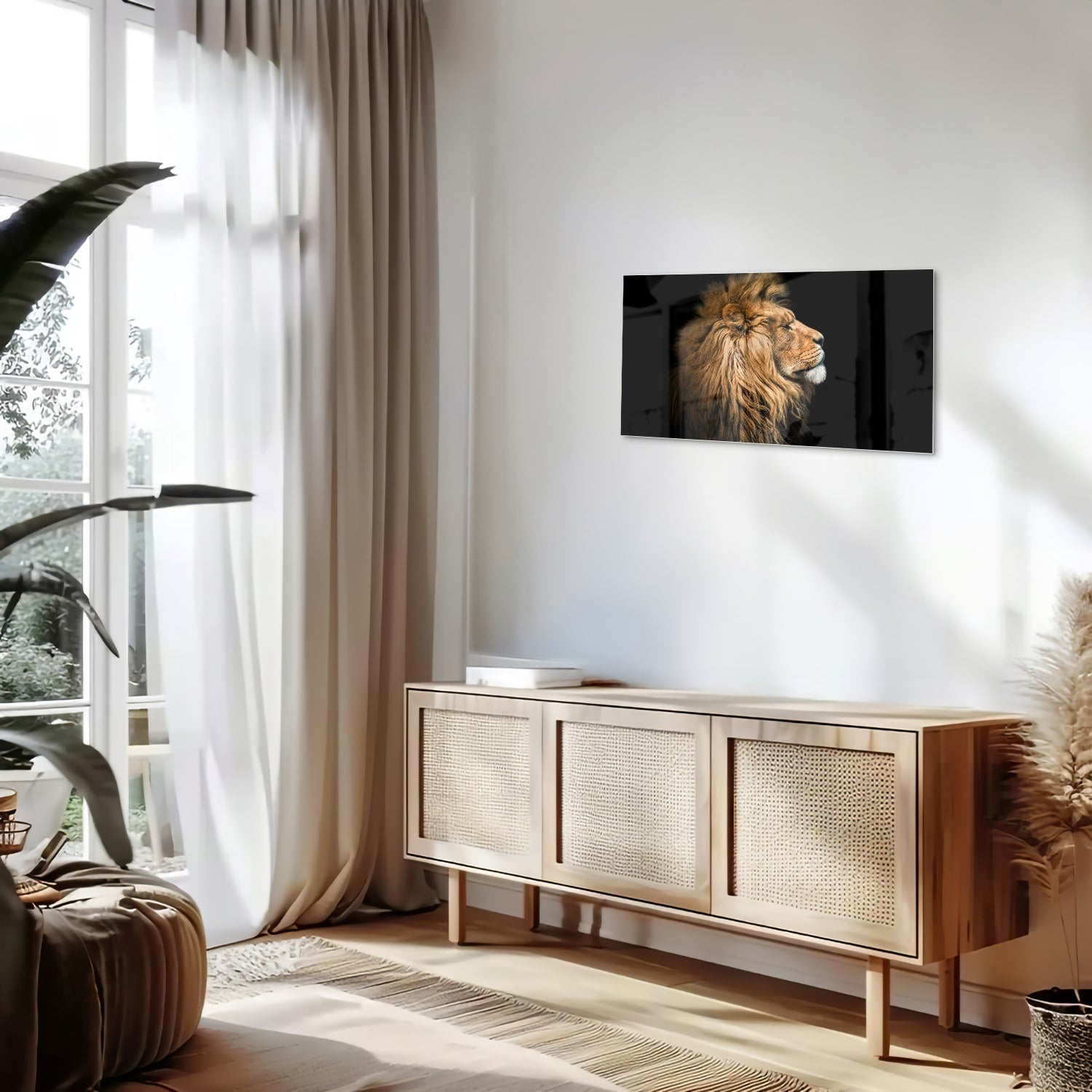 Glasbild mit majestätischem Löwen – Glasbild aus Sicherheitsglas, Größe 100x50