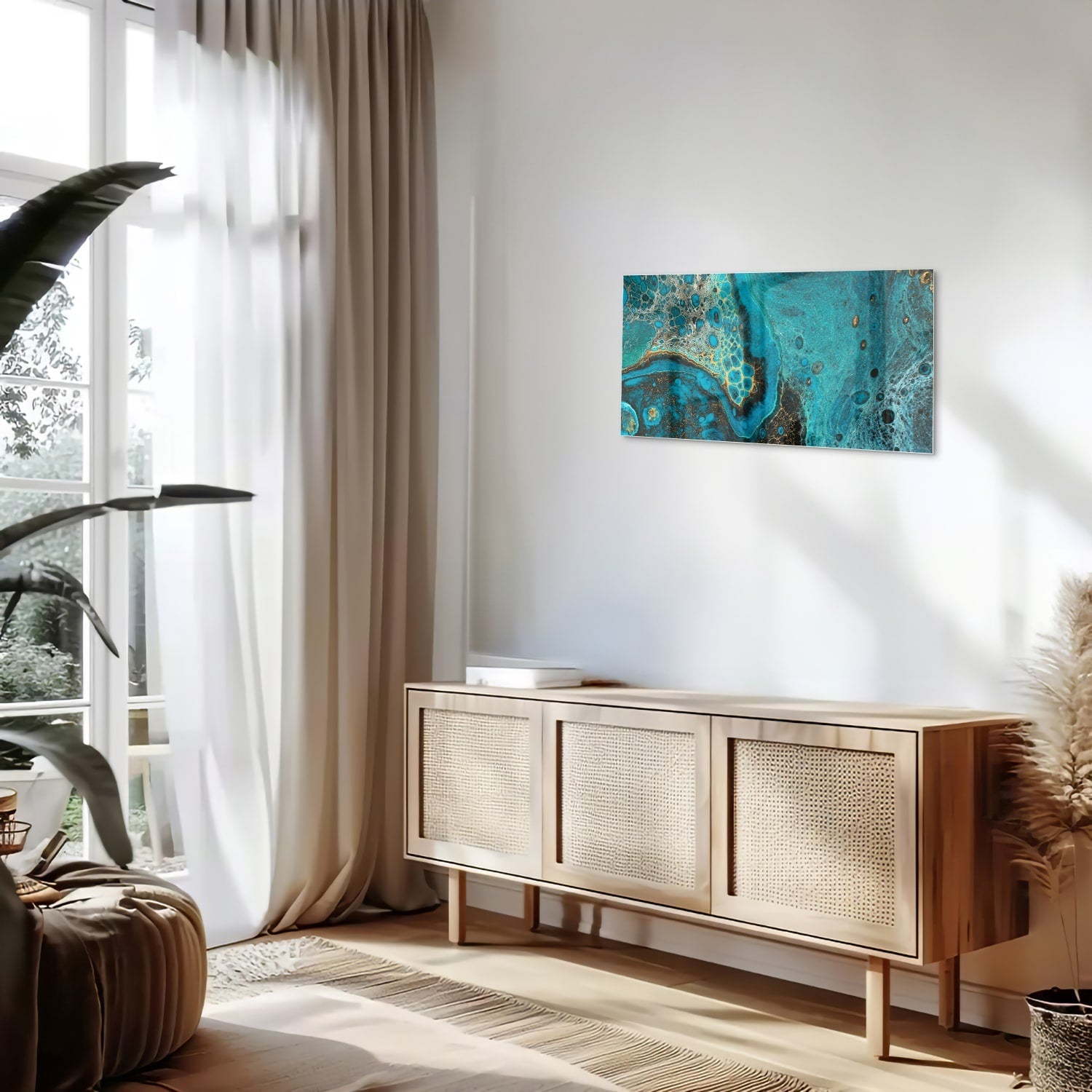 Abstraktes Glasbild in Türkis und Gold – Glasbild aus Sicherheitsglas, Größe 100x50