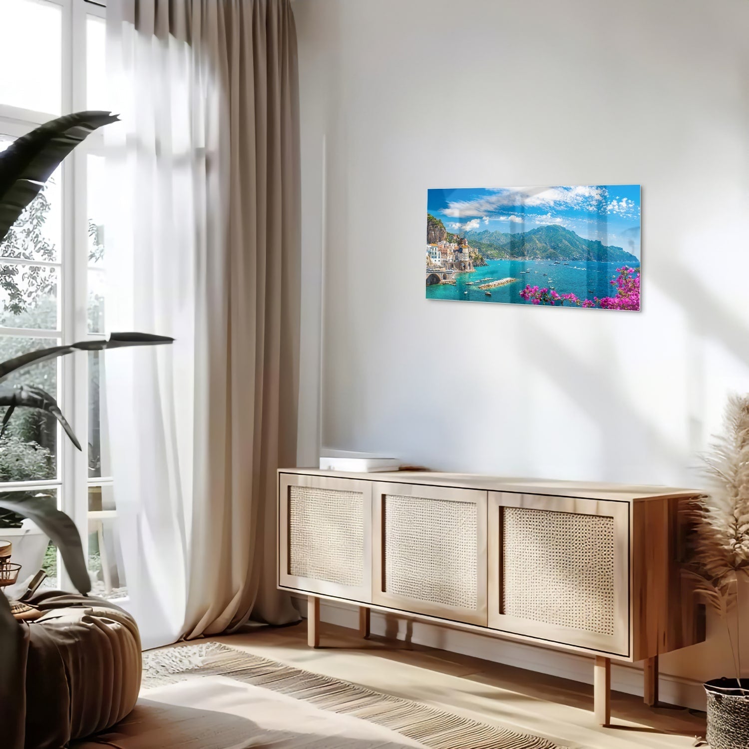 Glasbild mit blauem See und Bergen – Glasbild aus Sicherheitsglas, Größe 100x50