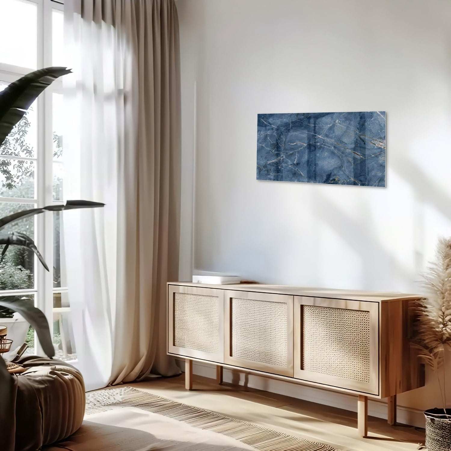 Blaues Glasbild mit Marmoroptik – Glasbild aus Sicherheitsglas, Größe 100x50