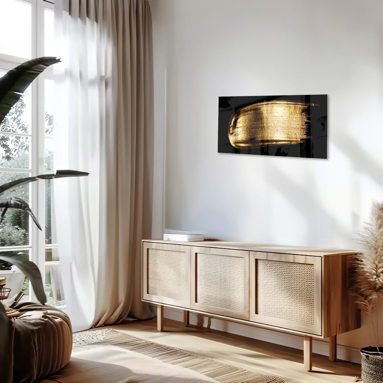 Goldenes abstraktes Glasbild auf schwarzem Hintergrund – Glasbild aus Sicherheitsglas, Größe 100x50