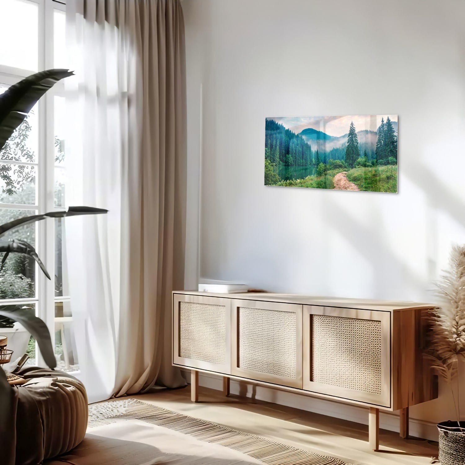 Stimmungsvolles Glasbild mit einer Berglandschaft – Glasbild aus Sicherheitsglas, Größe 100x50