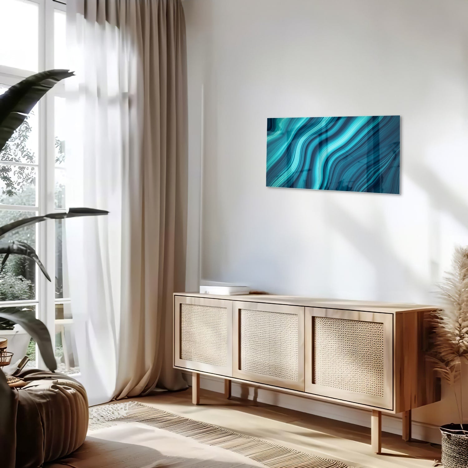 Stilvolles Glasbild mit blauen Wellen – Glasbild aus Sicherheitsglas, Größe 100x50