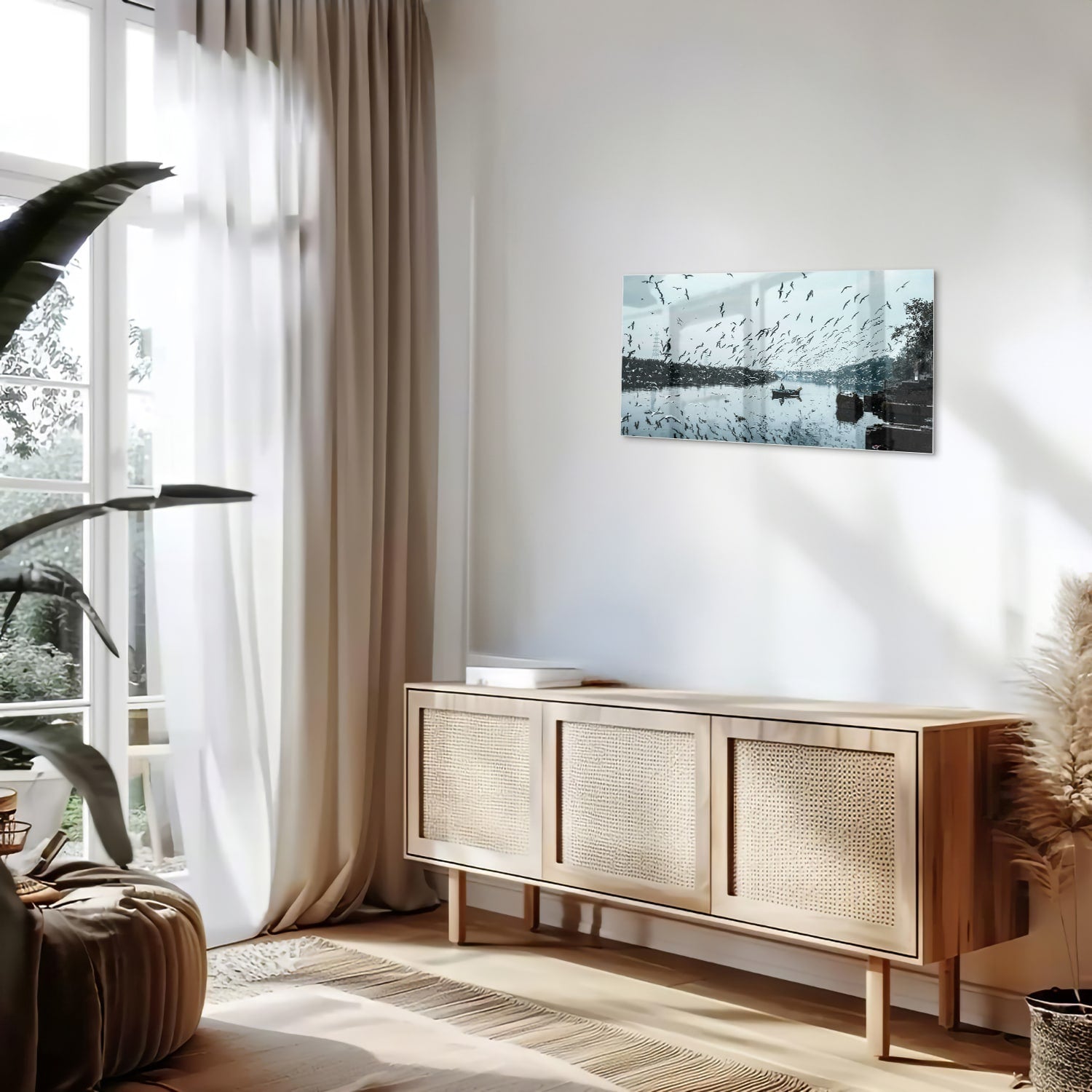 Glasbild mit Vögeln über einer ruhigen Wasserreflexion – Glasbild aus Sicherheitsglas, Größe 100x50