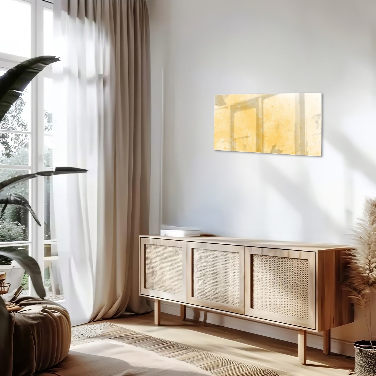 Goldenes abstraktes Glasbild für moderne Innenräume – Glasbild aus Sicherheitsglas, Größe 100x50