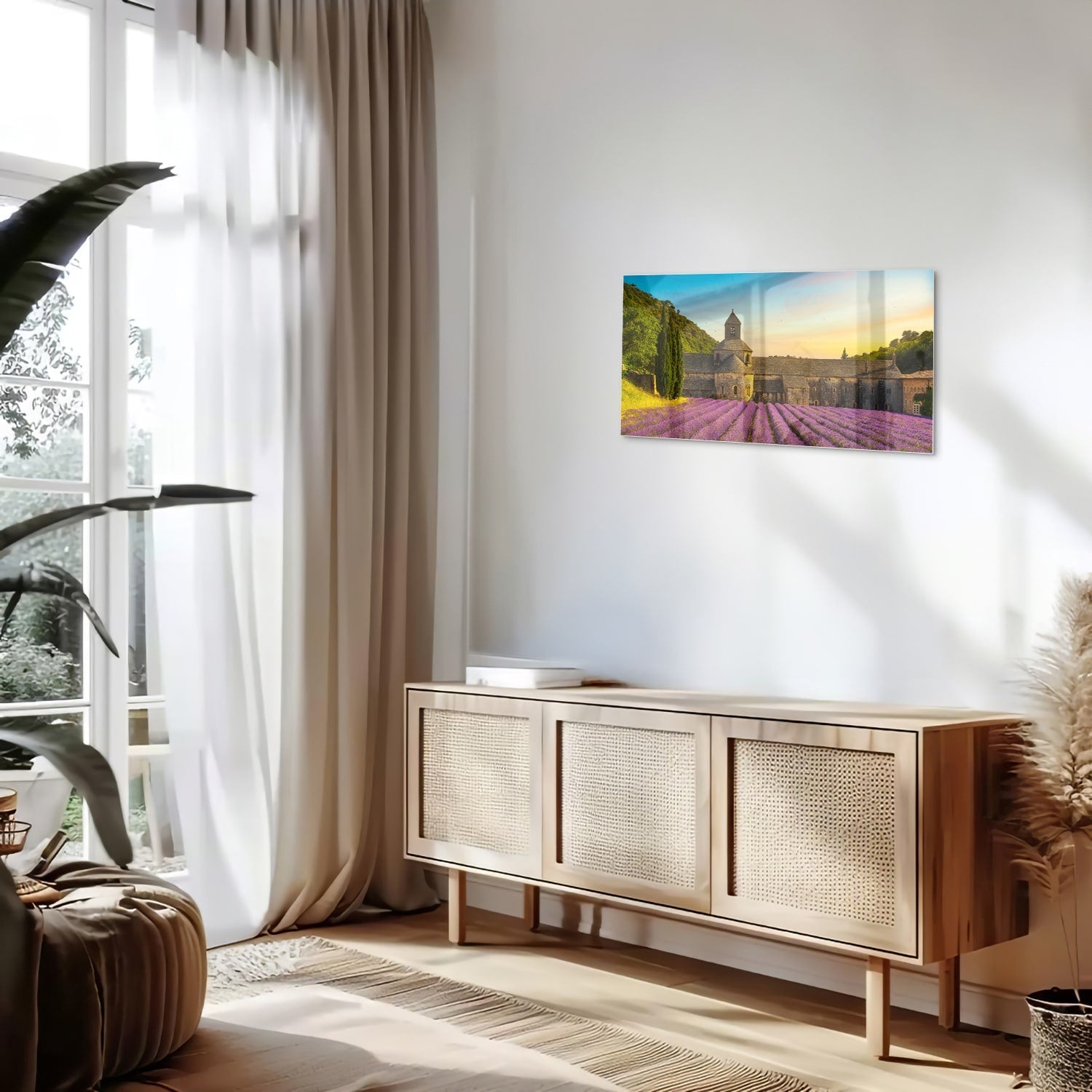 Wunderschönes Glasbild mit Lavendelfeldern – Glasbild aus Sicherheitsglas, Größe 100x50