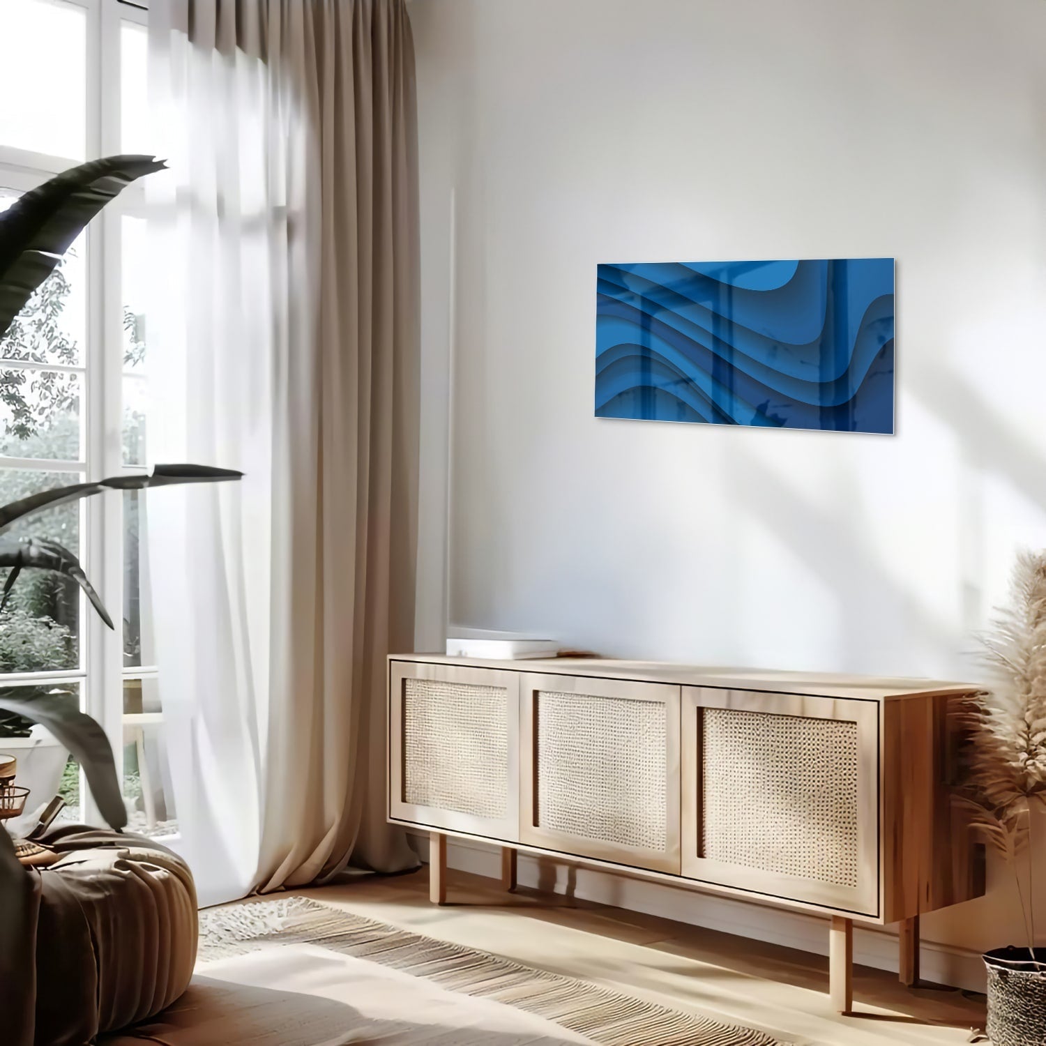 Modernes Glasbild in verschiedenen Blautönen – Glasbild aus Sicherheitsglas, Größe 100x50