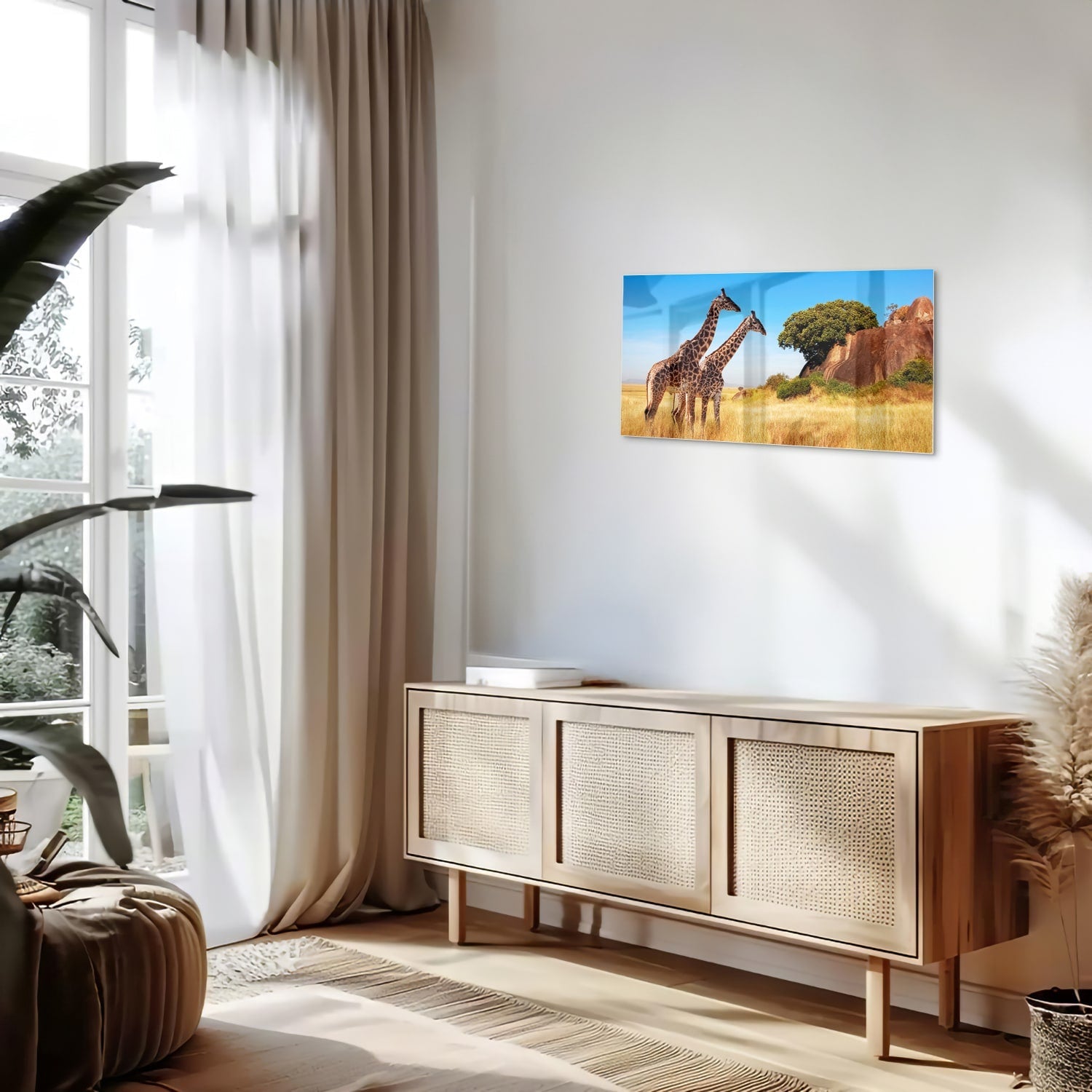 Glasbild mit zwei Giraffen in der afrikanischen Landschaft – Glasbild aus Sicherheitsglas, Größe 100x50