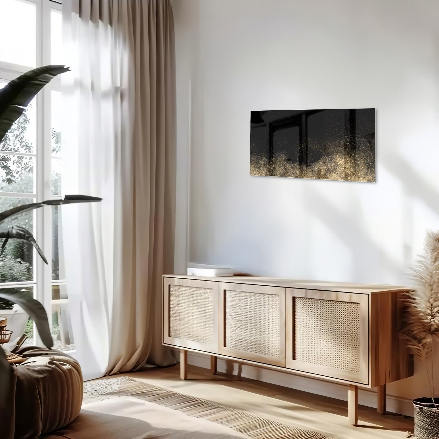 Stilvolles Glasbild mit schwarzen und goldenen Akzenten – Glasbild aus Sicherheitsglas, Größe 100x50