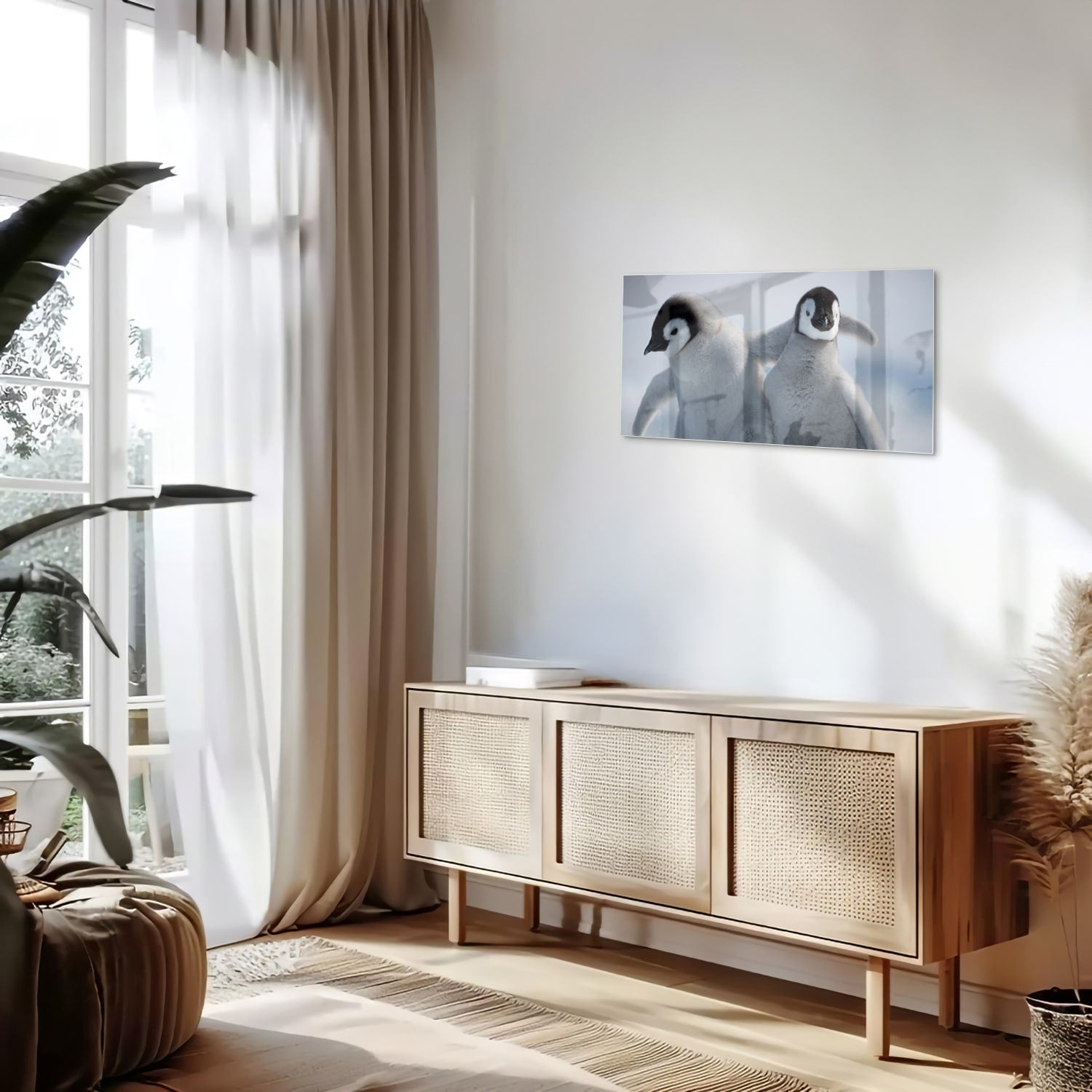 Glasbild mit zwei Pinguinen in winterlicher Atmosphäre – Glasbild aus Sicherheitsglas, Größe 100x50