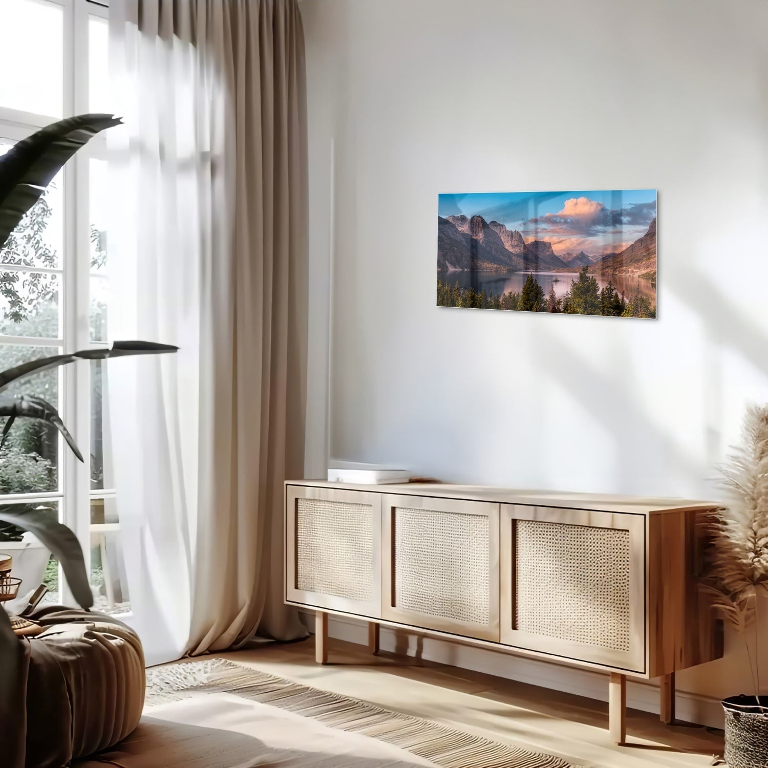 Glasbild mit Bergen bei Sonnenaufgang – Glasbild aus Sicherheitsglas, Größe 100x50
