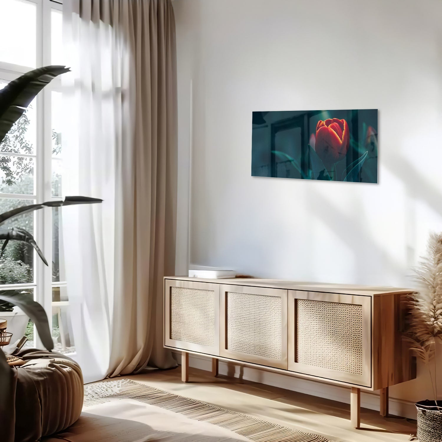 Glasbild mit roter Tulpe in einem modernen Interieur – Glasbild aus Sicherheitsglas, Größe 100x50