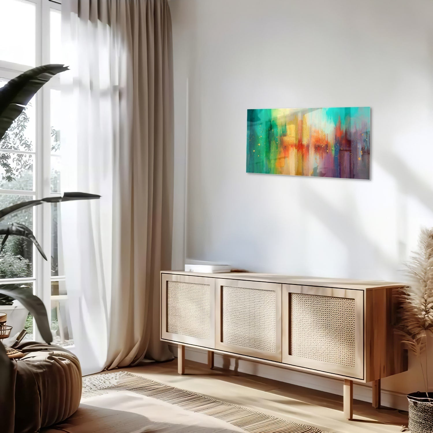 Farbenfrohes Glasbild mit abstrakten Formen – Glasbild aus Sicherheitsglas, Größe 100x50