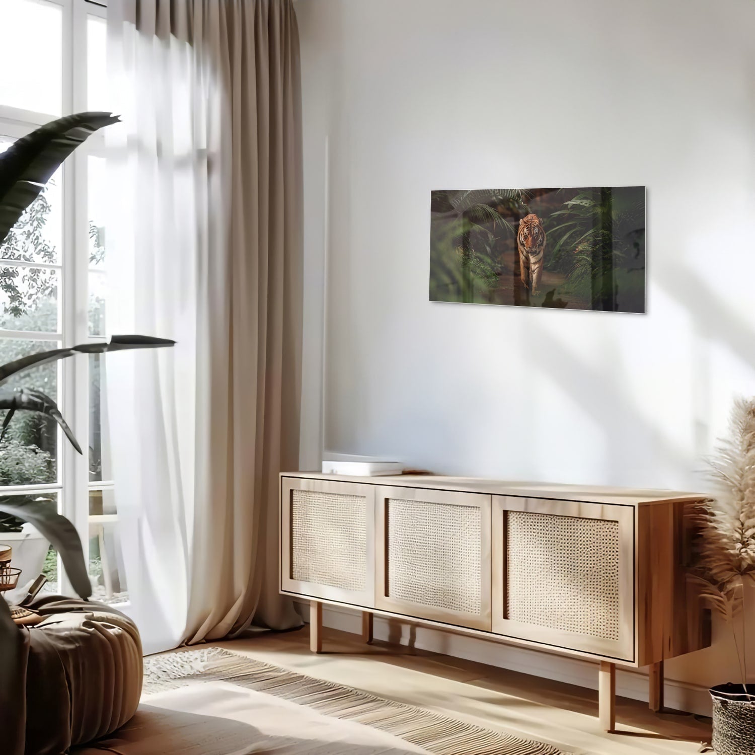 Elegantes Glasbild mit Tiger zwischen Blättern – Glasbild aus Sicherheitsglas, Größe 100x50