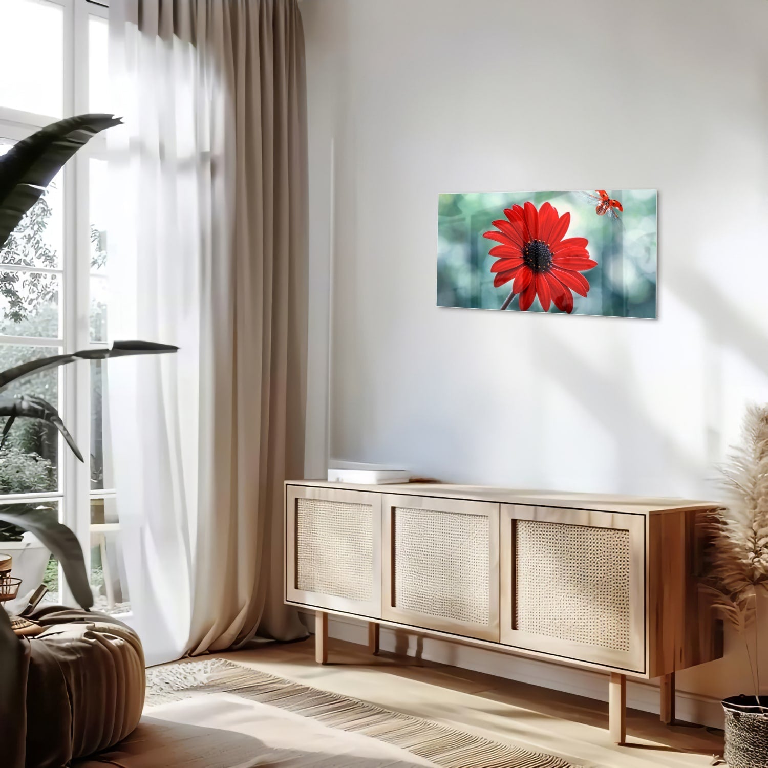 Beeindruckendes Glasbild mit einem roten Löwenzahn – Glasbild aus Sicherheitsglas, Größe 100x50
