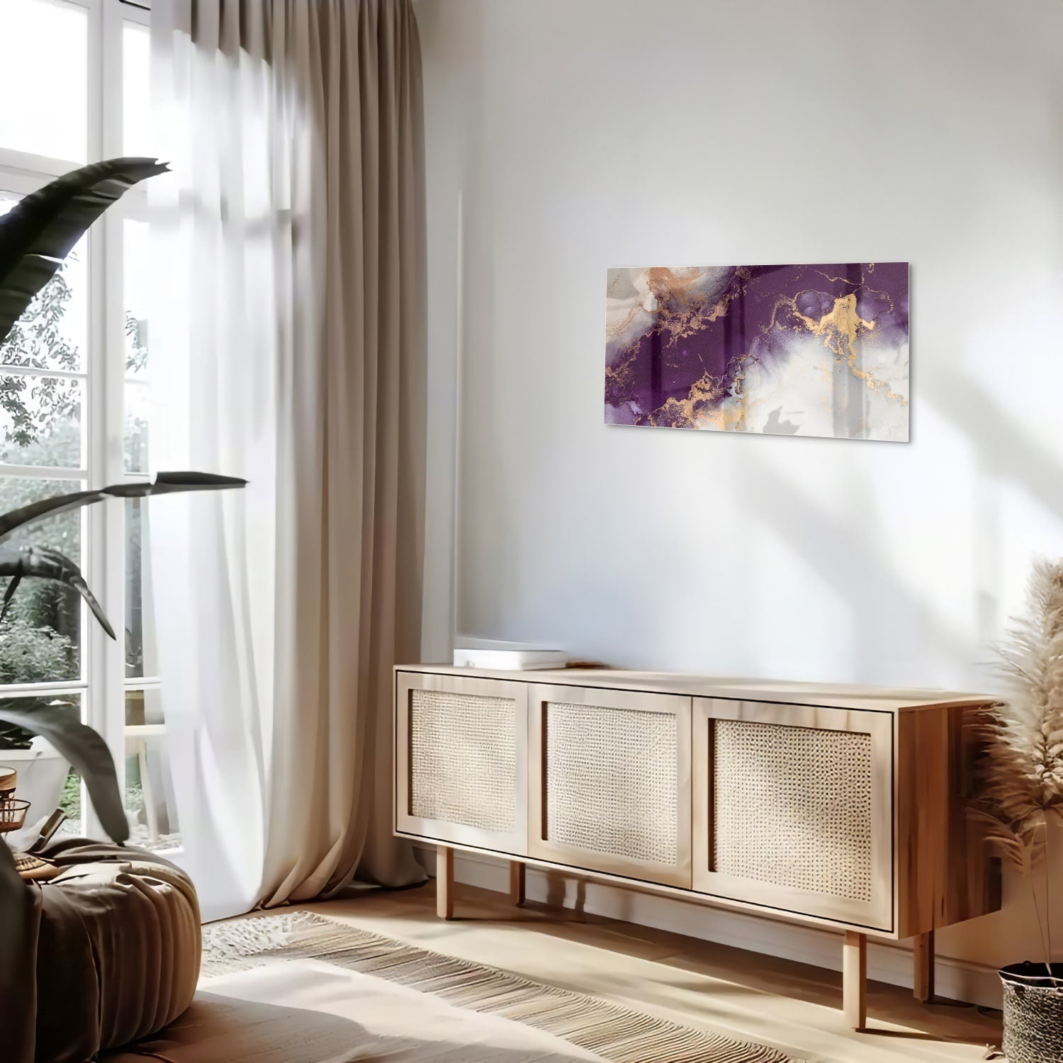 Violettes Glasbild mit goldenen Akzenten – Glasbild aus Sicherheitsglas, Größe 100x50