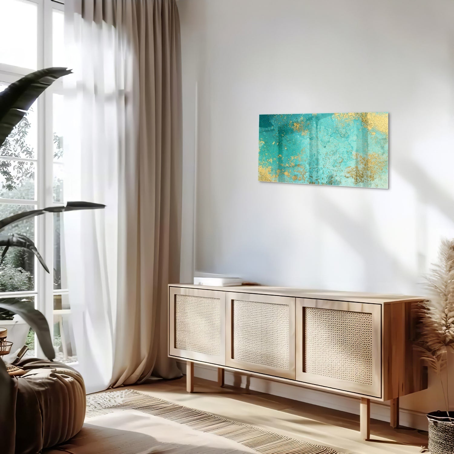 Glasbild mit goldenen Akzenten auf Türkis – Glasbild aus Sicherheitsglas, Größe 100x50