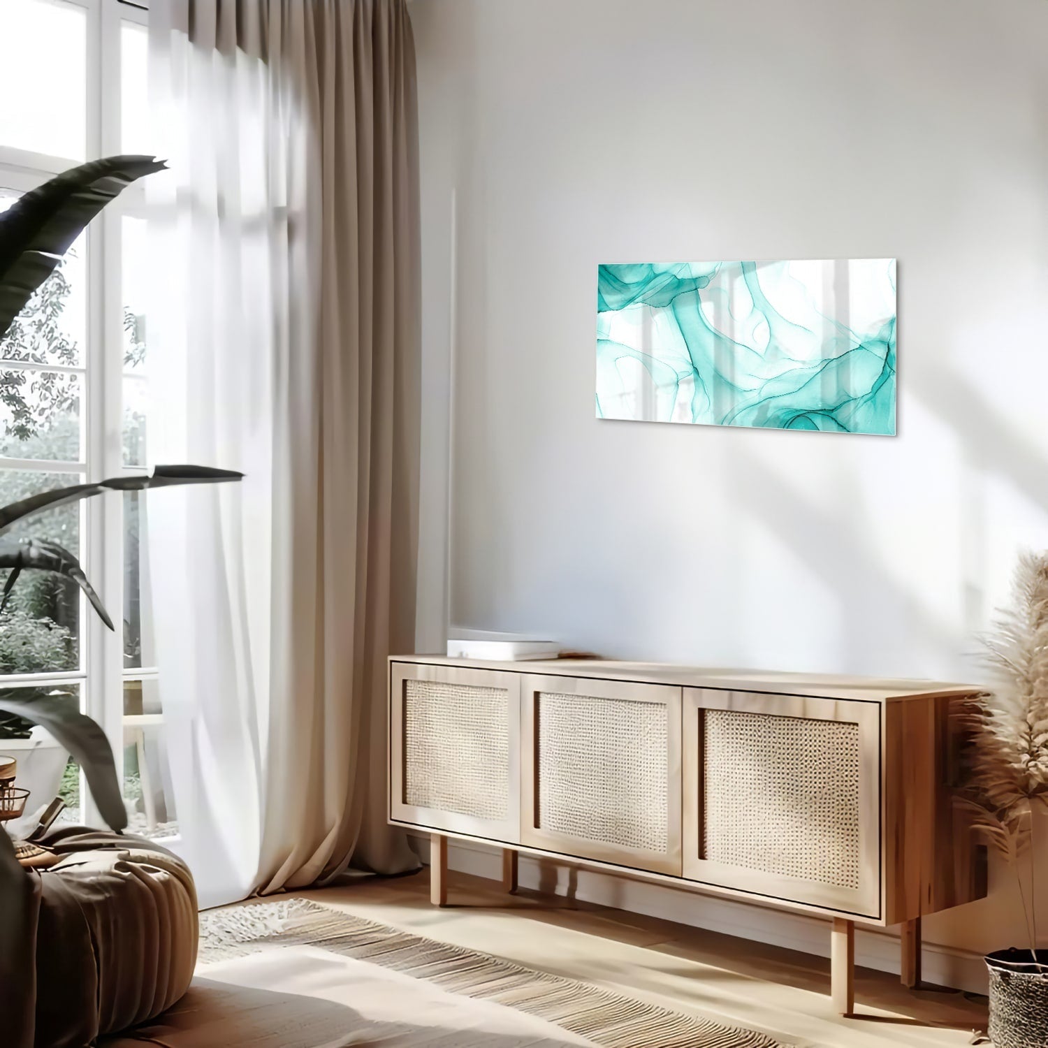 Hellblaues abstraktes Glasbild für elegante Innenräume – Glasbild aus Sicherheitsglas, Größe 100x50