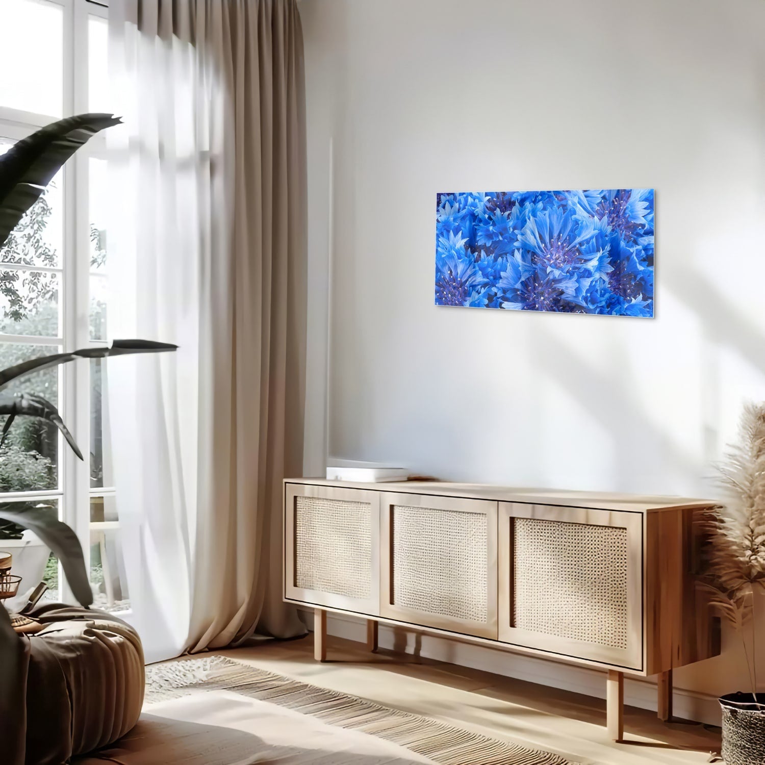 Blaues Glasbild mit Blumenmotiv – Glasbild aus Sicherheitsglas, Größe 100x50