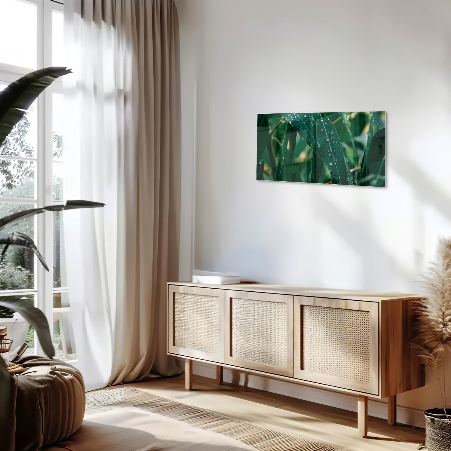 Glasbild mit grünen Blättern und Tautropfen – Glasbild aus Sicherheitsglas, Größe 100x50