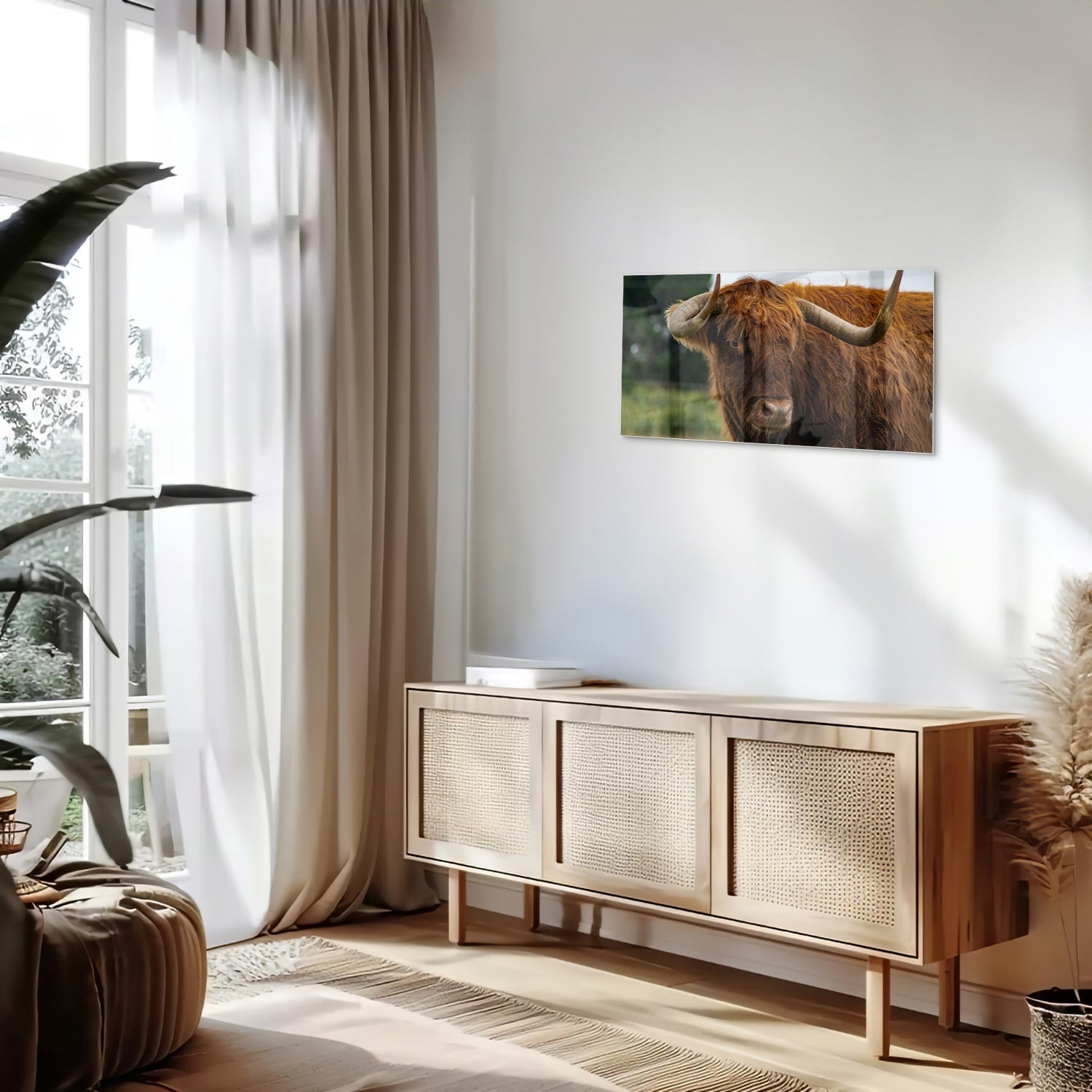 Glasbild mit einem schottischen Hochlandrind – Glasbild aus Sicherheitsglas, Größe 100x50