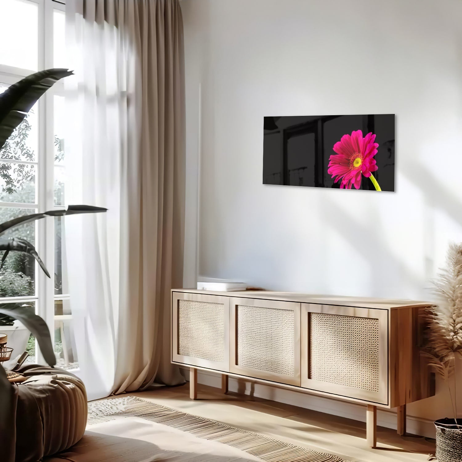 Glasbild – Wunderschöne rosa Gerbera auf schwarzem Hintergrund – Glasbild aus Sicherheitsglas, Größe 100x50
