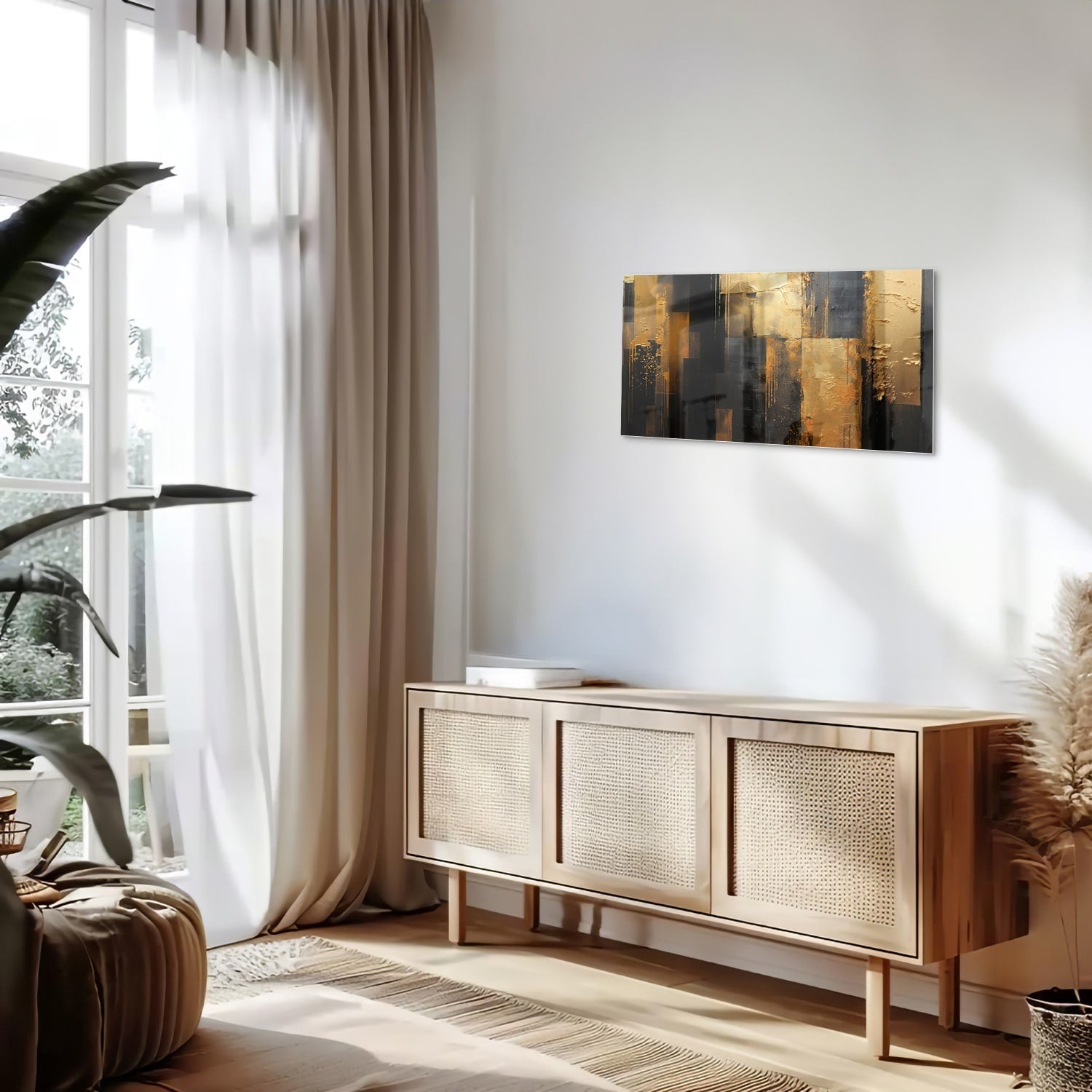 Abstraktes Glasbild in Gold und Schwarz – Glasbild aus Sicherheitsglas, Größe 100x50