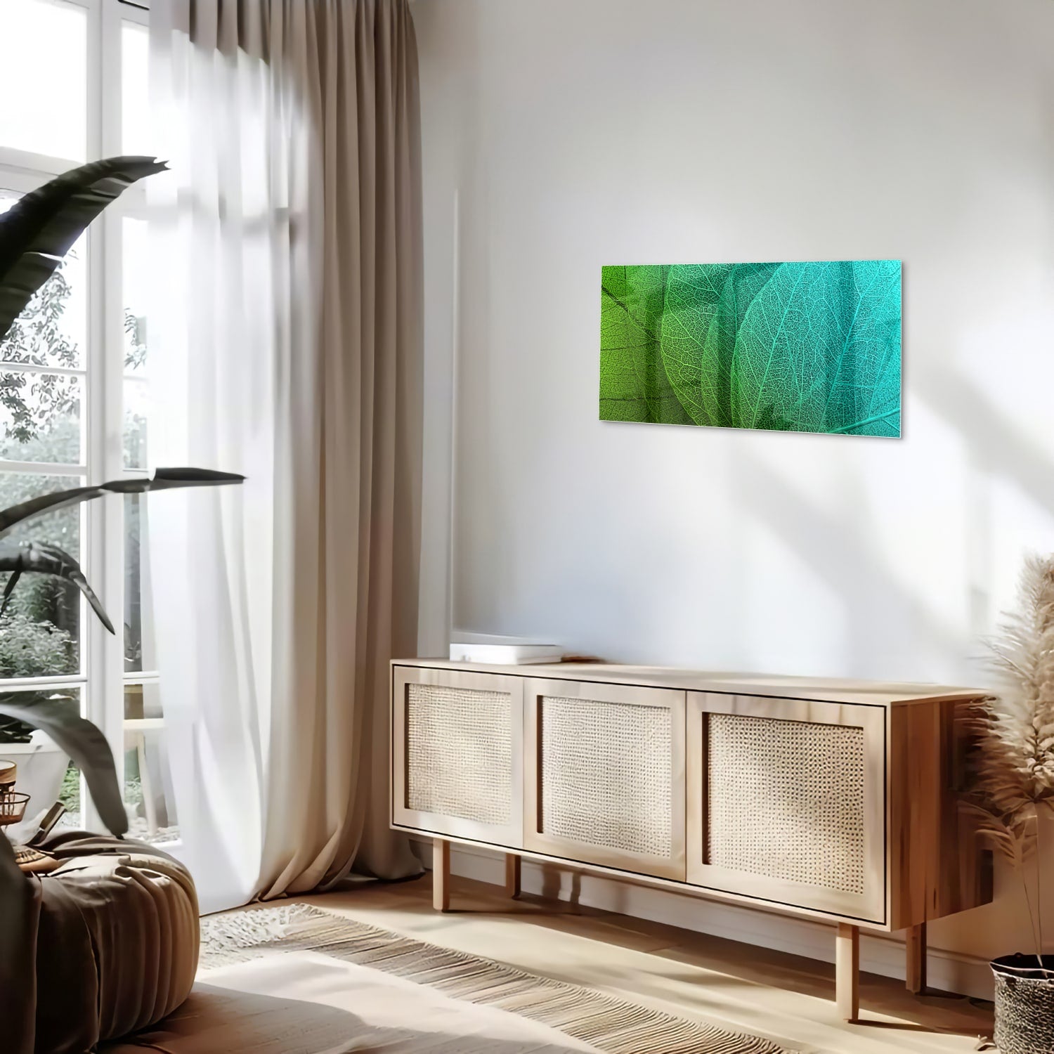 Glasbild mit strukturierter Oberfläche aus grünen Blättern – Glasbild aus Sicherheitsglas, Größe 100x50