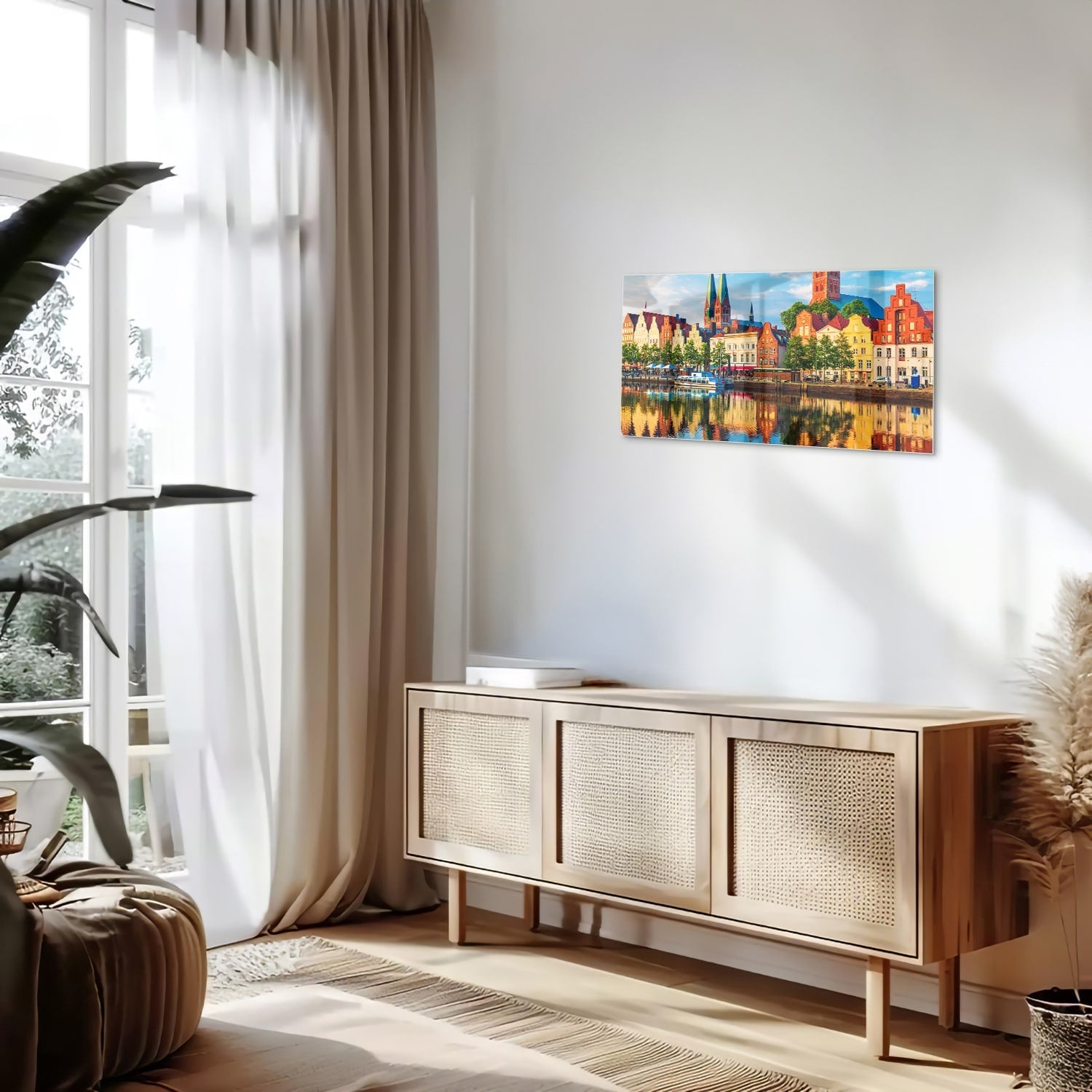 Farbenfrohes Glasbild mit einer Stadtlandschaft – Glasbild aus Sicherheitsglas, Größe 100x50