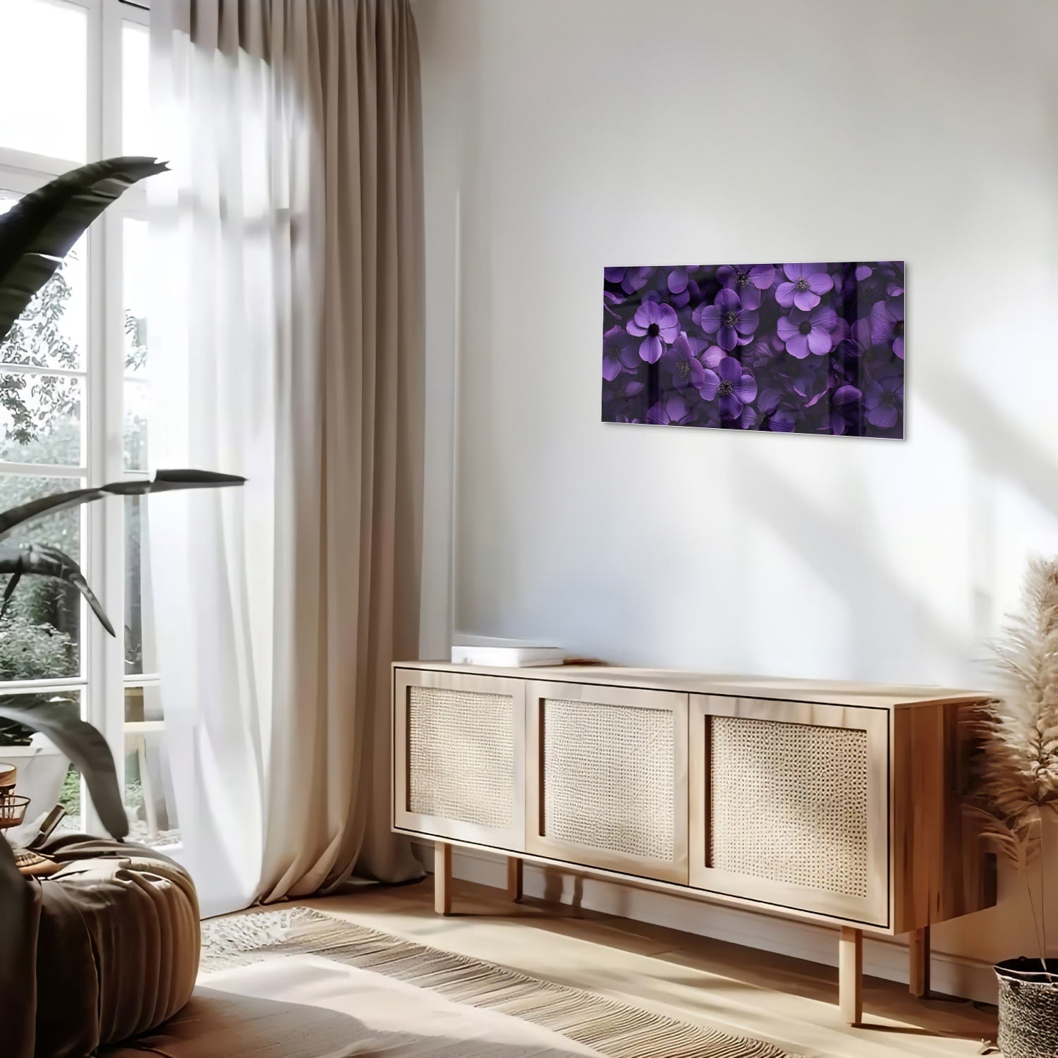 Glasbild mit violetten Blumen für Ihr Interieur – Glasbild aus Sicherheitsglas, Größe 100x50