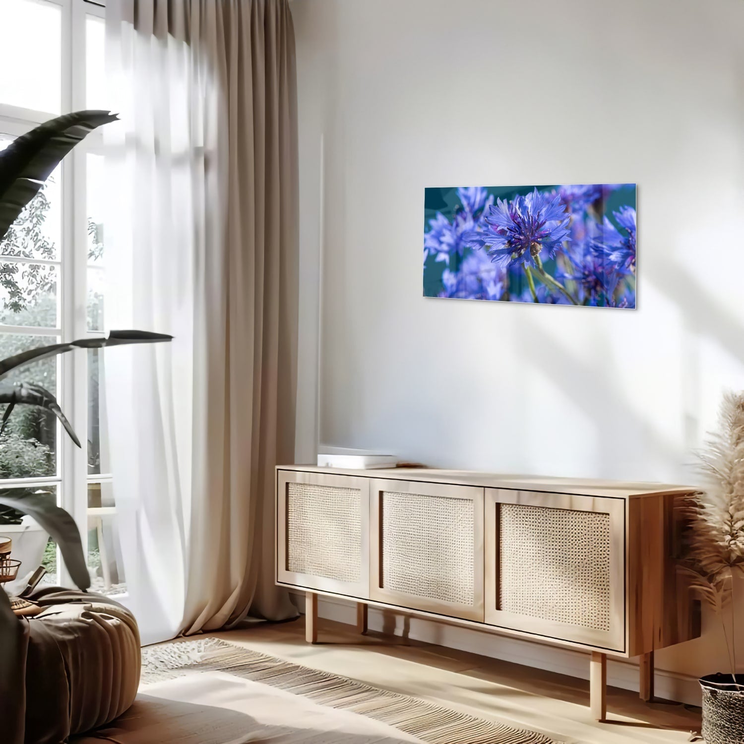 Wunderschönes violettes Glasbild mit Blumenmotiv – Glasbild aus Sicherheitsglas, Größe 100x50