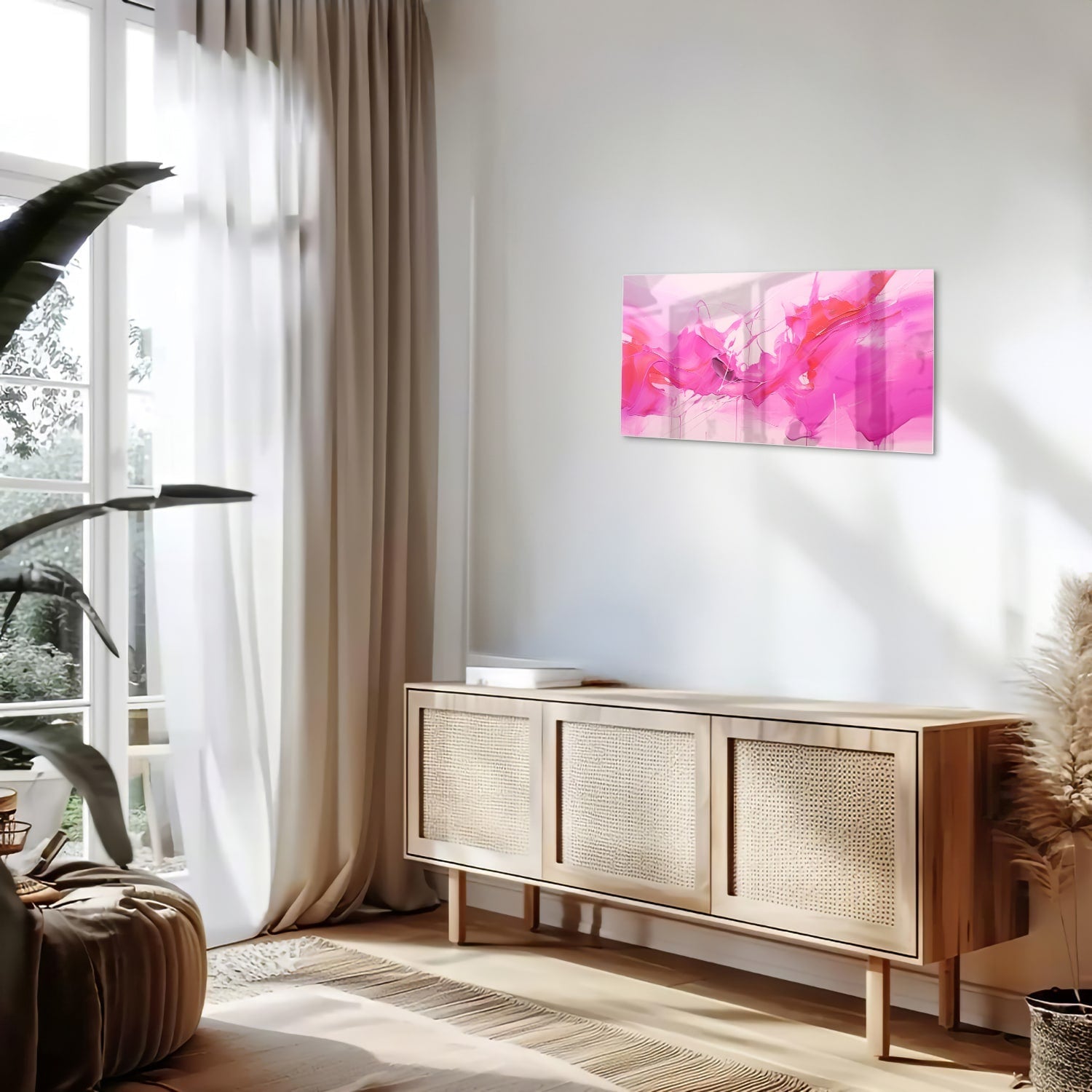 Abstraktes Glasbild in leuchtenden Rosatönen – Glasbild aus Sicherheitsglas, Größe 100x50