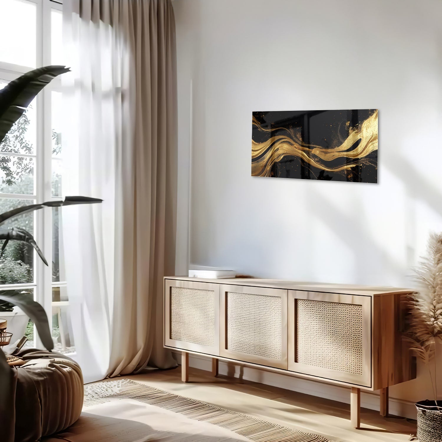 Elegantes Glasbild mit goldenen Linien – Glasbild aus Sicherheitsglas, Größe 100x50