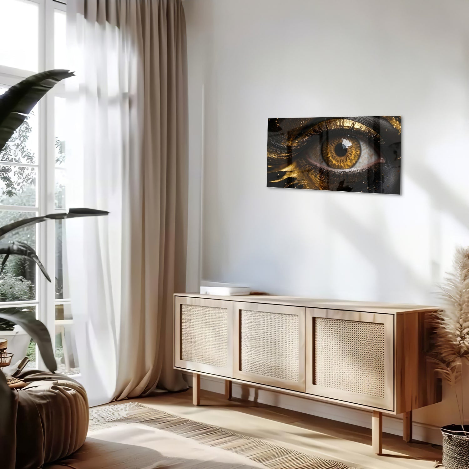 Glasbild Augen-Kunstwerk in Gold und Schwarz – Glasbild aus Sicherheitsglas, Größe 100x50