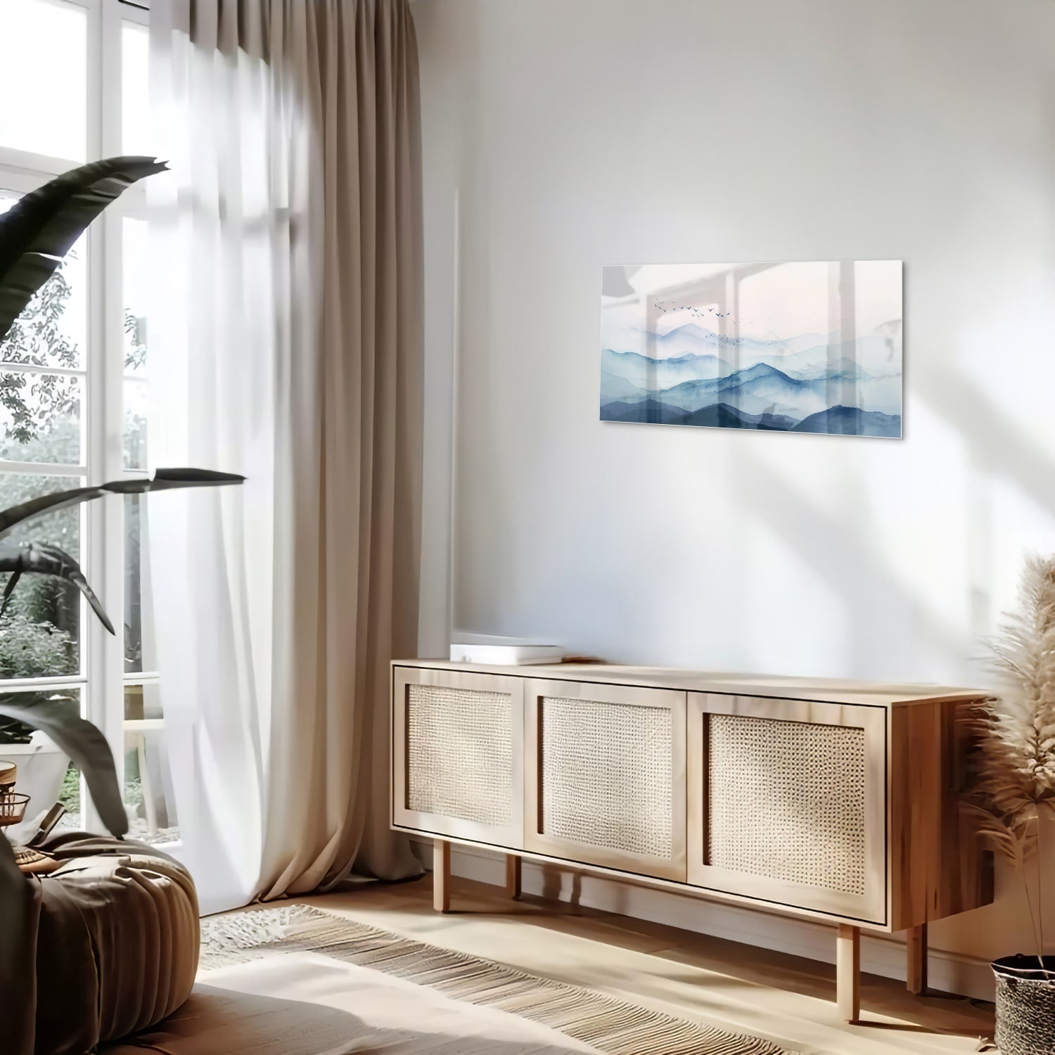 Ruhiges Glasbild mit blauen Bergen – Glasbild aus Sicherheitsglas, Größe 100x50